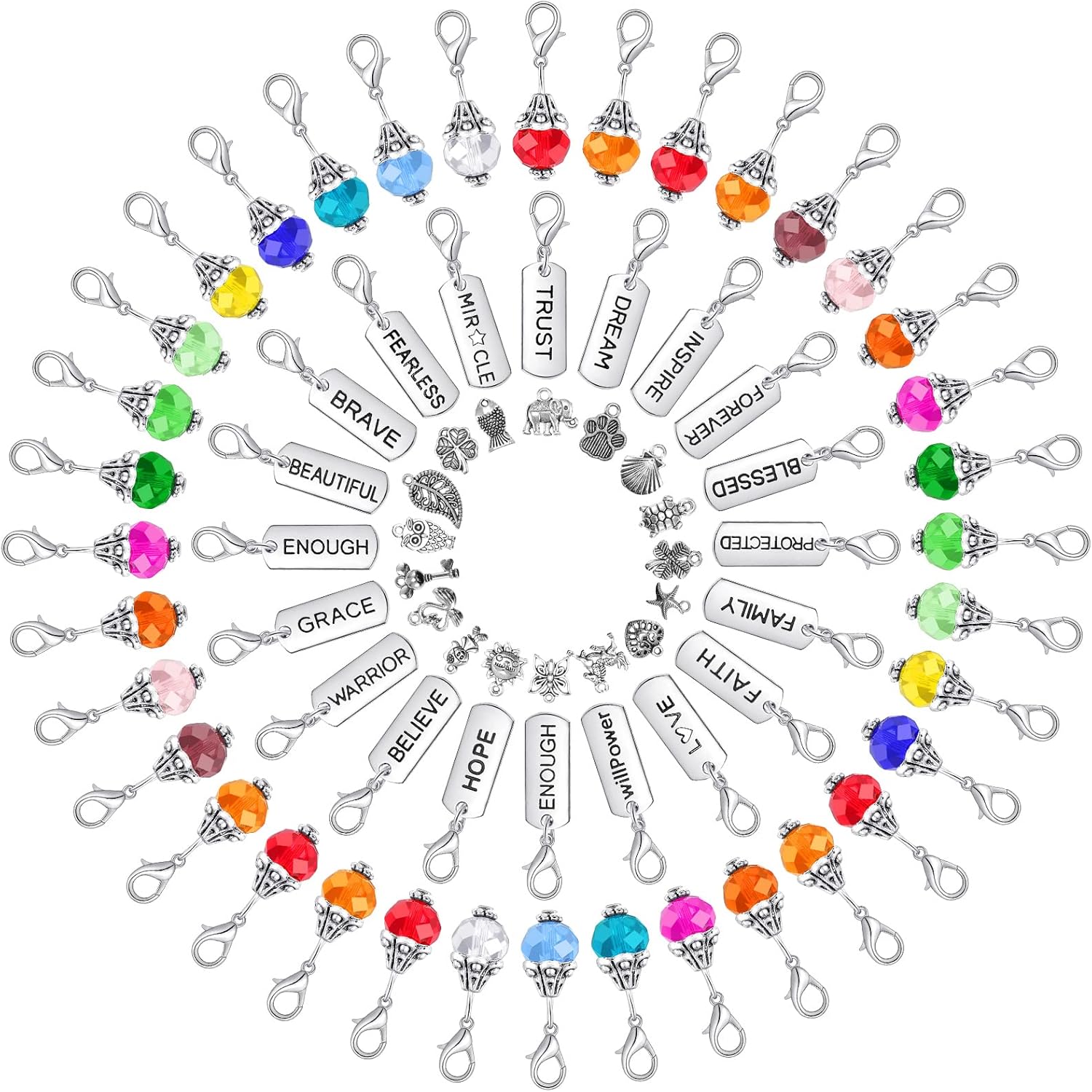 110 Pieces Crystal Dangle Charms Set Glass Drop Dangle Beads Inspiration Word Charms with Lobster Clasp Silver Metal Mixed for Jewelry Making Zipper DIY Crafting