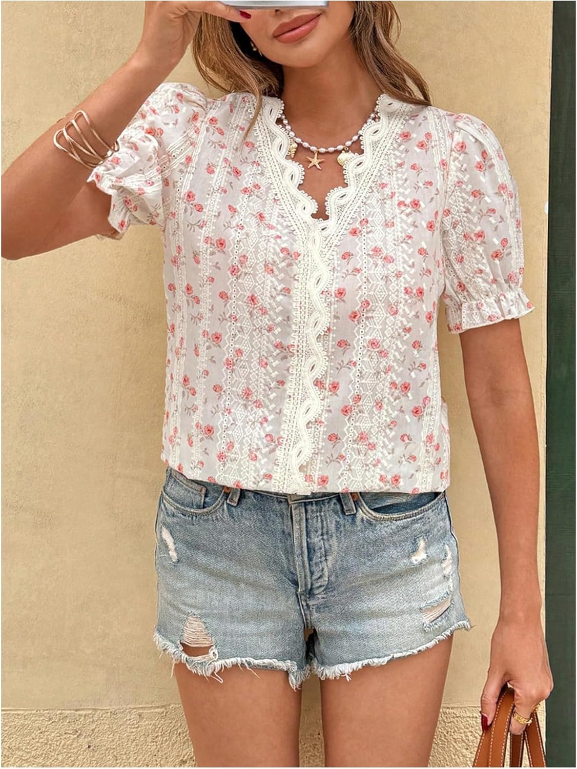 SHENHE Women's Summer Floral Lace Crochet Blouse V Neck Dressy Casual Going Out Boho Top - Image 3