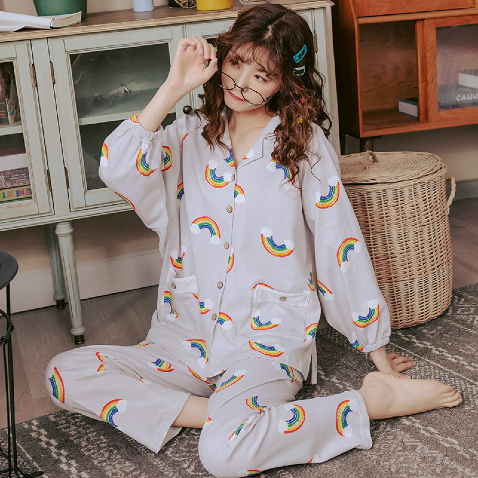 Piżamy damskie, komplety piżam w tęczowy wzór dla kobiet Stylowe piżamy z kreskówek Długie rękawy Długie patelnie Piżamy damskie Casual Homewear Big Size