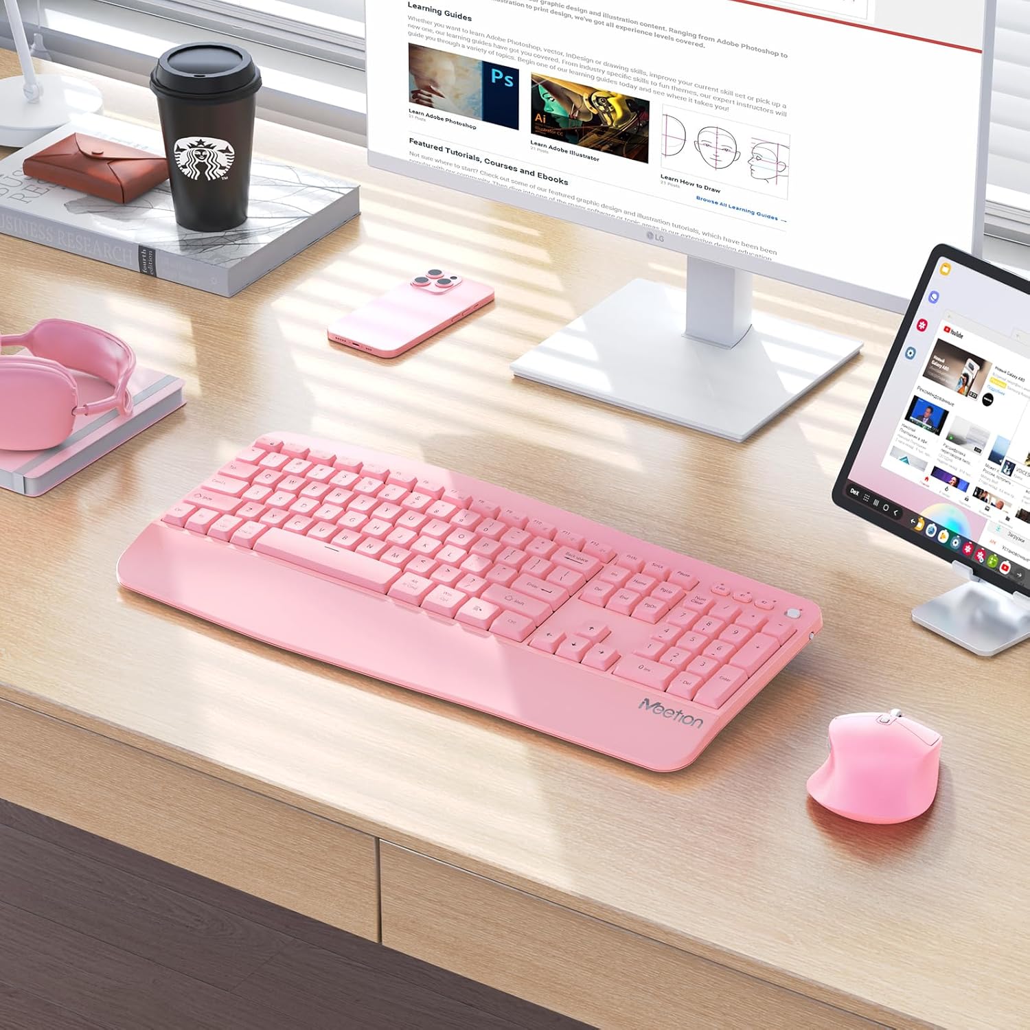 MEETION Wireless Keyboard and Mouse, Bluetooth Ergonomic Keyboard with Wrist Rest, Multi-Device, 3-Level DPI Wireless Mouse for Windows/MacLaptop/Computer/PC/iPad/Andriod, Pink