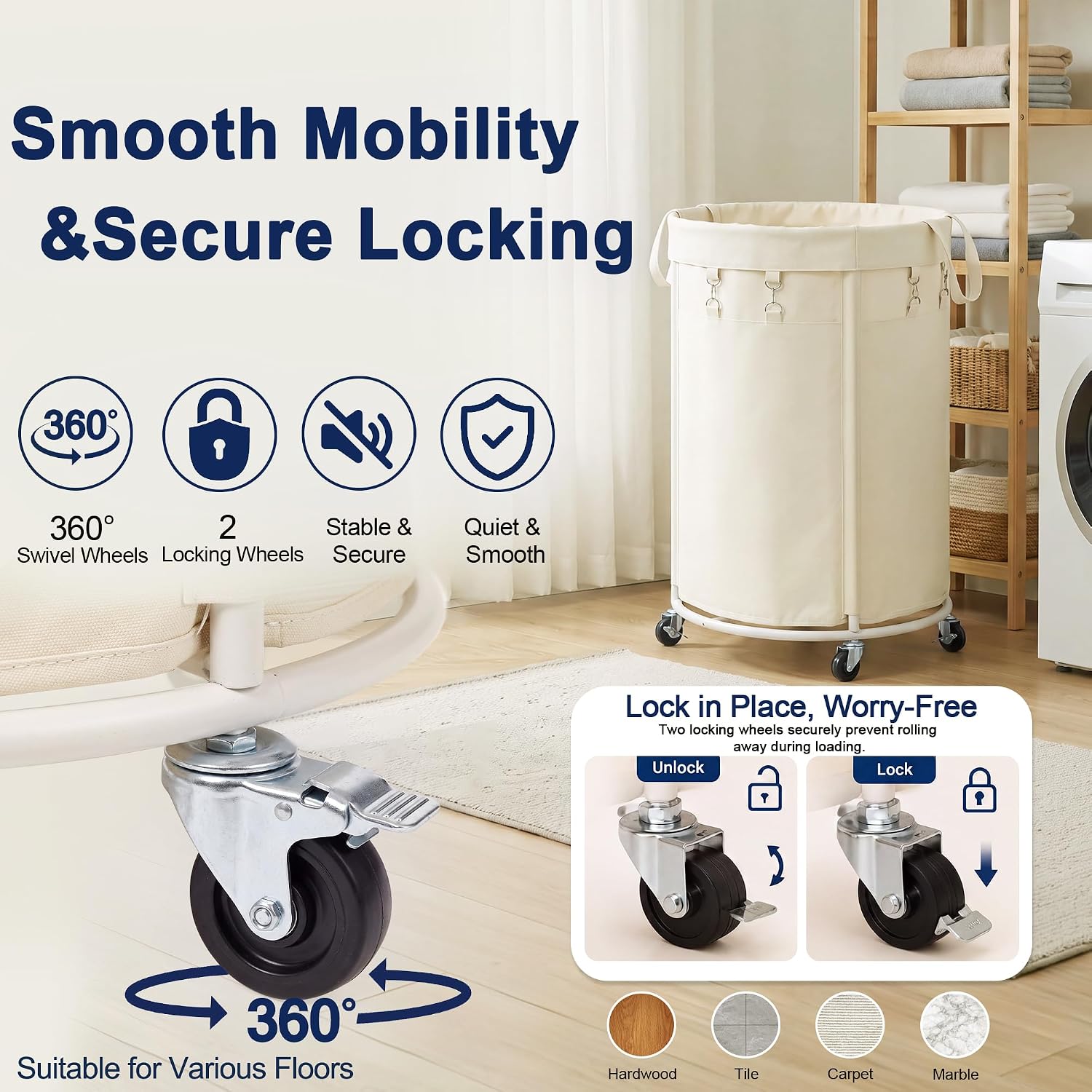 150L Large Capacity Rolling Laundry Basket Hamper with Wheels, Clothes hamper and Removable Bag for Home, Laundry Room, Bedroom, Bathroom, Apartment, Dorm image 3