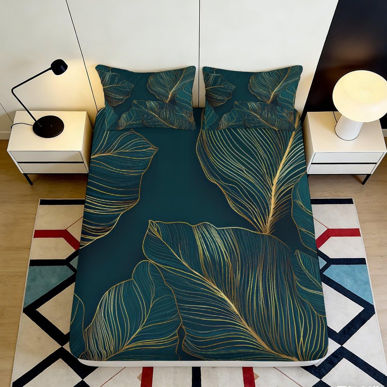3D Printed Tropical Leaf Fitted Sheet Microfiber Soft Green Botanical Mattress Cover for Bedroom Guest Room Decor 90x200x25cm