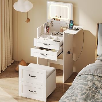 YOSHOOT Dressing Table with Flip-top Mirror LED Lights Socket Strip, Makeup Table for Small Spaces, Small Vanity Desk Set with Fold-up Panel, Cushioned Storage Stool for Bedroom, 50*40*90cm White