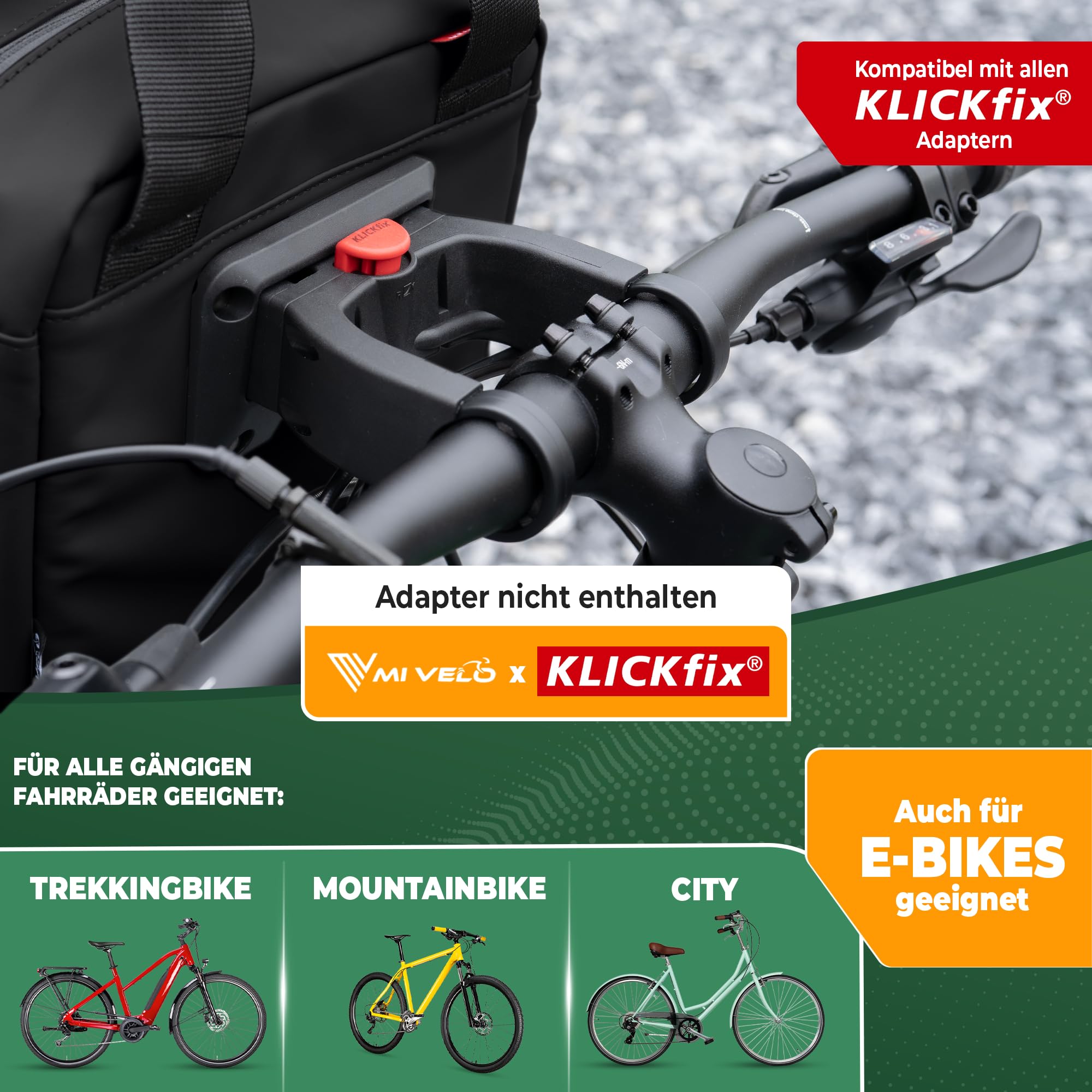 MIVELO Lenkertasche Fahrrad für KLICKfix - Fahrradtasche Lenker (Adapter kompatibel) - wasserabweisend & geräumig - Lenkertasche - Tasche Lenker - E-Bike tauglich (Schwarz, ohne Adapter)