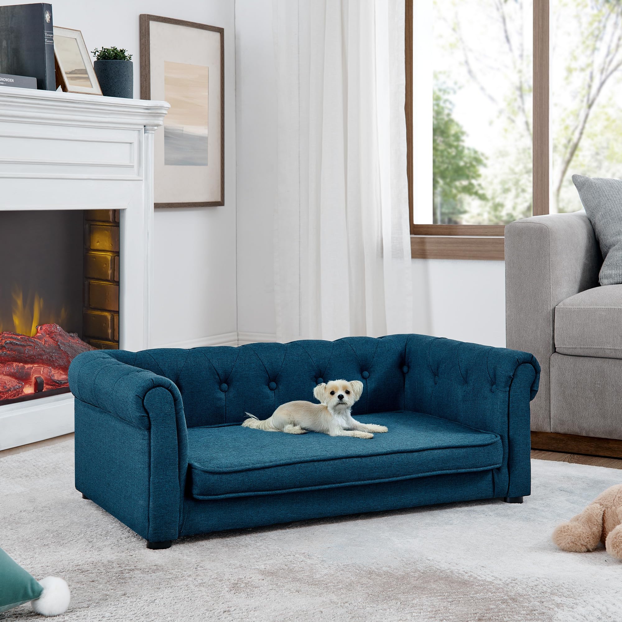 Elevated Dog Sofa Bed for Small and Medium Dogs, Modern Linen Dog Bed Sofa with Durable Frame, Comfortable Pet Couch for Indoor Use (Blue)