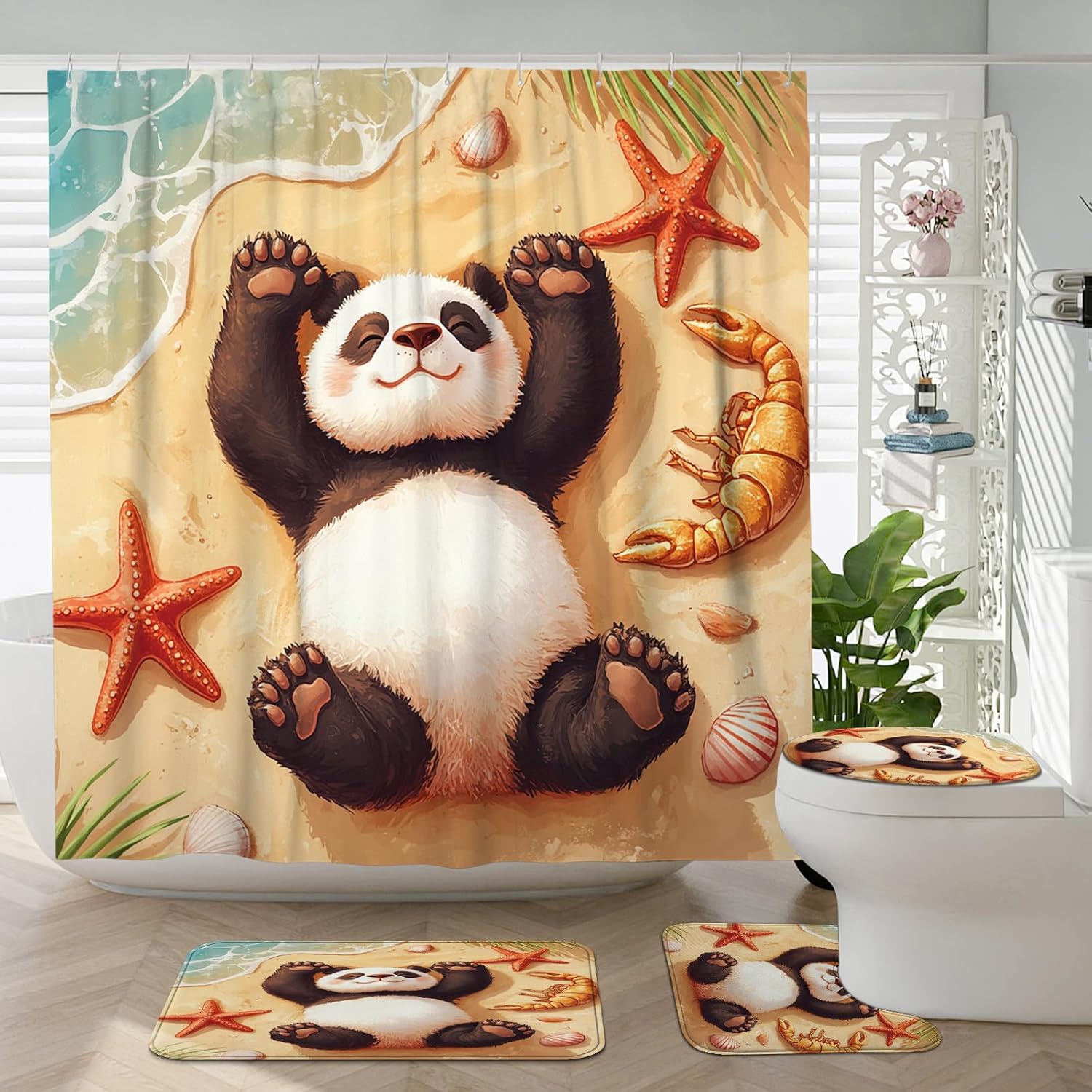 4PCS Funny Panda Bathroom Sets, Bath Accessory with Non-Slip Rug, U Shape and Toilet Lid Cover Mat, Kids Beach Cartoon Starfish Bathroom Decor-72''x72''