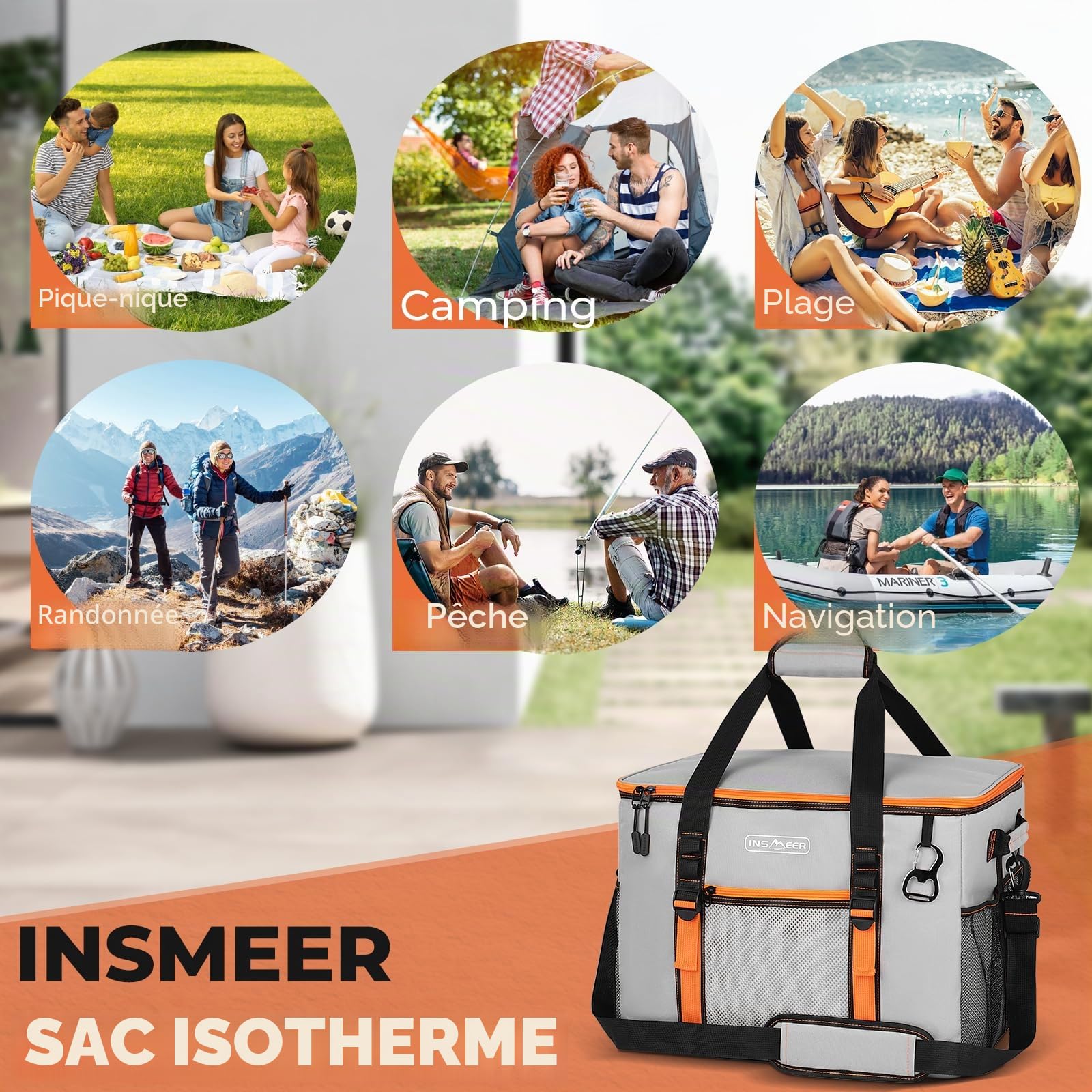 INSMEER Grand sac isotherme pliable de 50 l pour 80 canettes, pliable/anti-fuite avec ouvre-boîte, sac de pique-nique/glacière pour camping, plage, pique-nique, excursions en famille pour 4 personnes