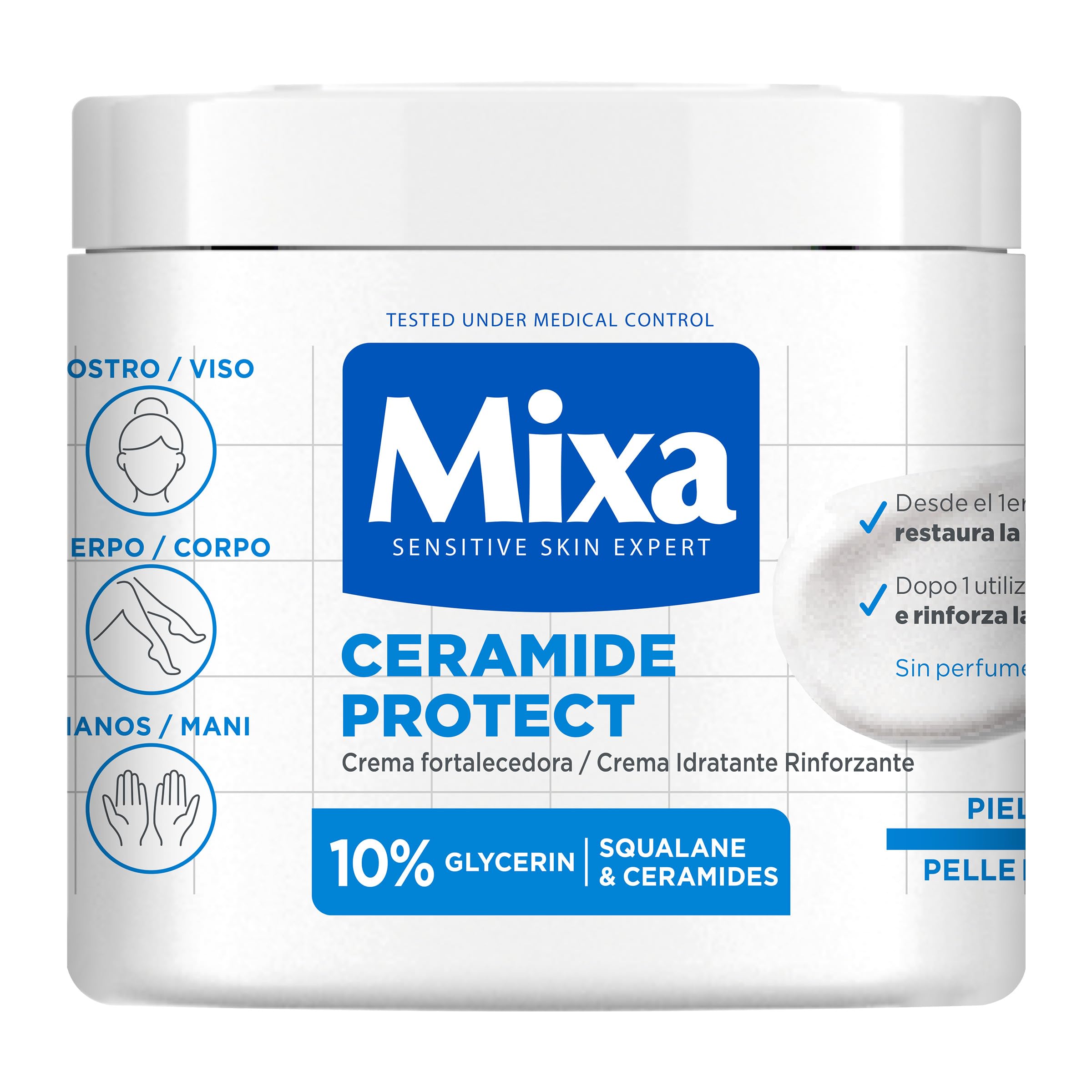 Mixa Crema Corporal Ceramide Protect para pieles muy secas con 10% de [Glicerina + Escualeno + Ceramidas]. Hidrata, fortalece y protege la barrera cutánea. 400 ml.