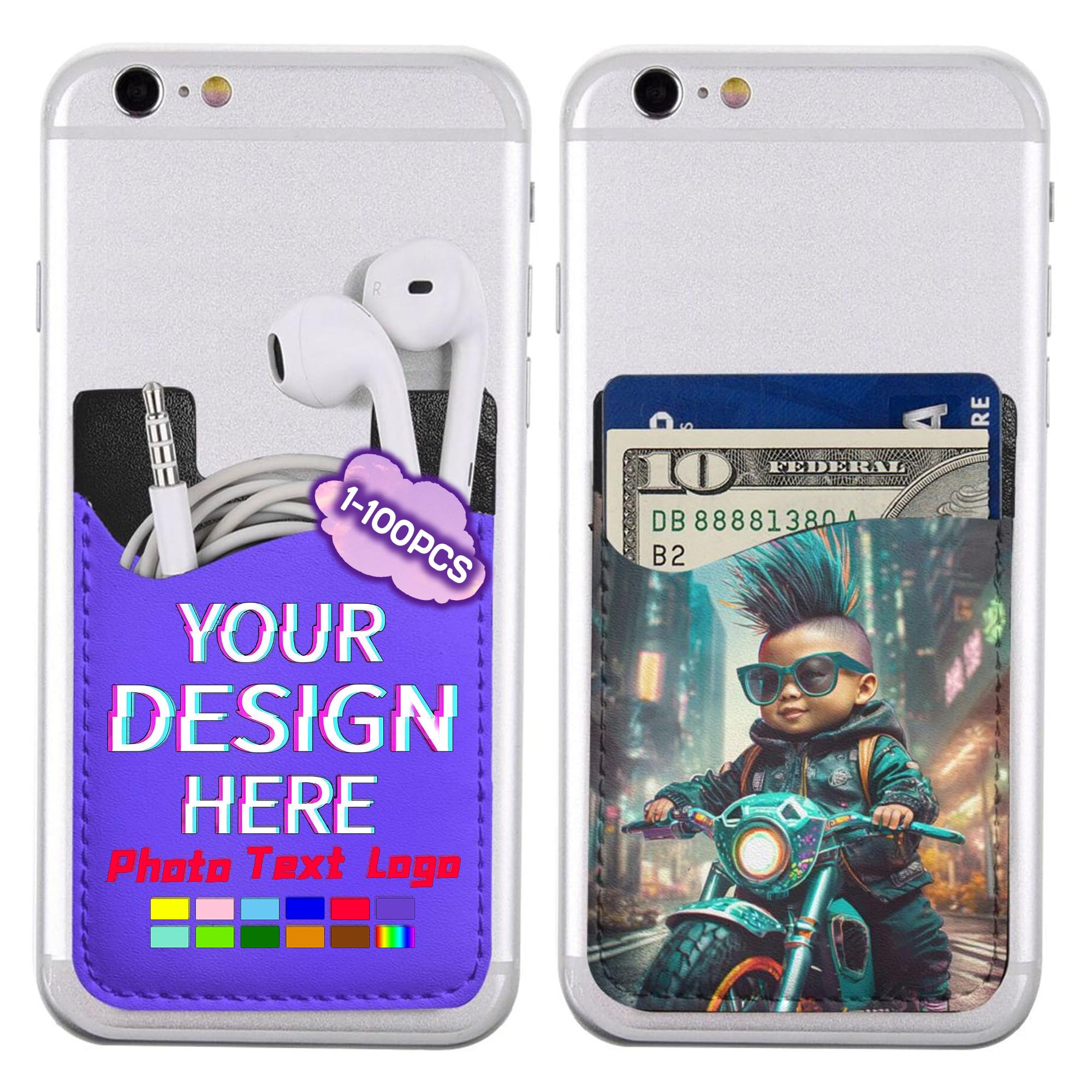 HANJWANET Custom 100PCS Card Holder for Back of Phone Personalized Phone Wallet Add Your Text Logo Photo HD Printing Phone Credit Card Sleeves for Men Women Gift Souvenir