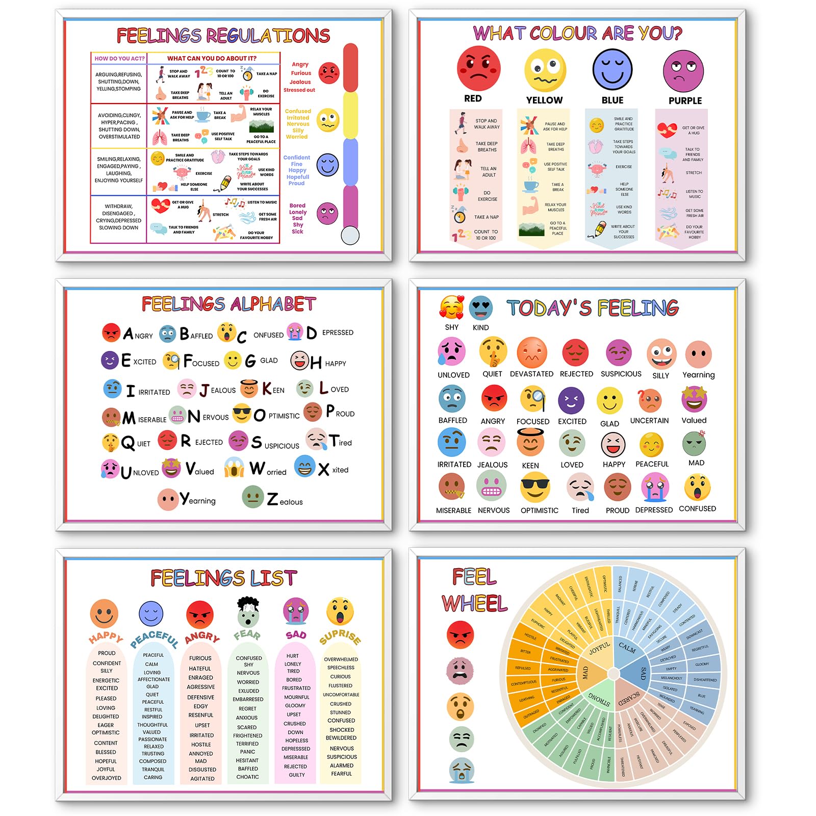 Feelings Posters for Classroom,Emotional Literacy Display for Primary School,Mental Health & Wellbeing Posters,Feelings Wheel,Coping Skills,PSHE Resources, Nursery Reception KS1 KS2 Homeschool Tool