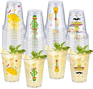 meekoo 100 Pack 12 oz Fiesta Cups Plastic Cups Mexican Cups Clear Disposable Cups Cinco De Mayo Party Decorations for Fiesta Taco Birthday Party Drinkware Supplies, 4 Styles