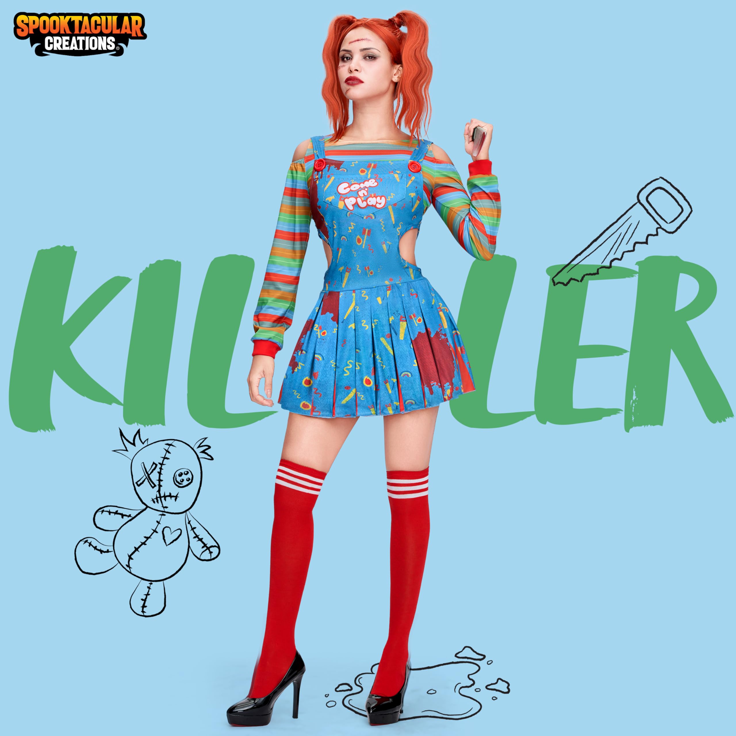 Spooktacular Creations Costume da bambola assassina da donna, vestito cosplay da clown con maglietta arcobaleno, gonna con reggicalze e calze al ginocchio per costume da festa di Halloween-S