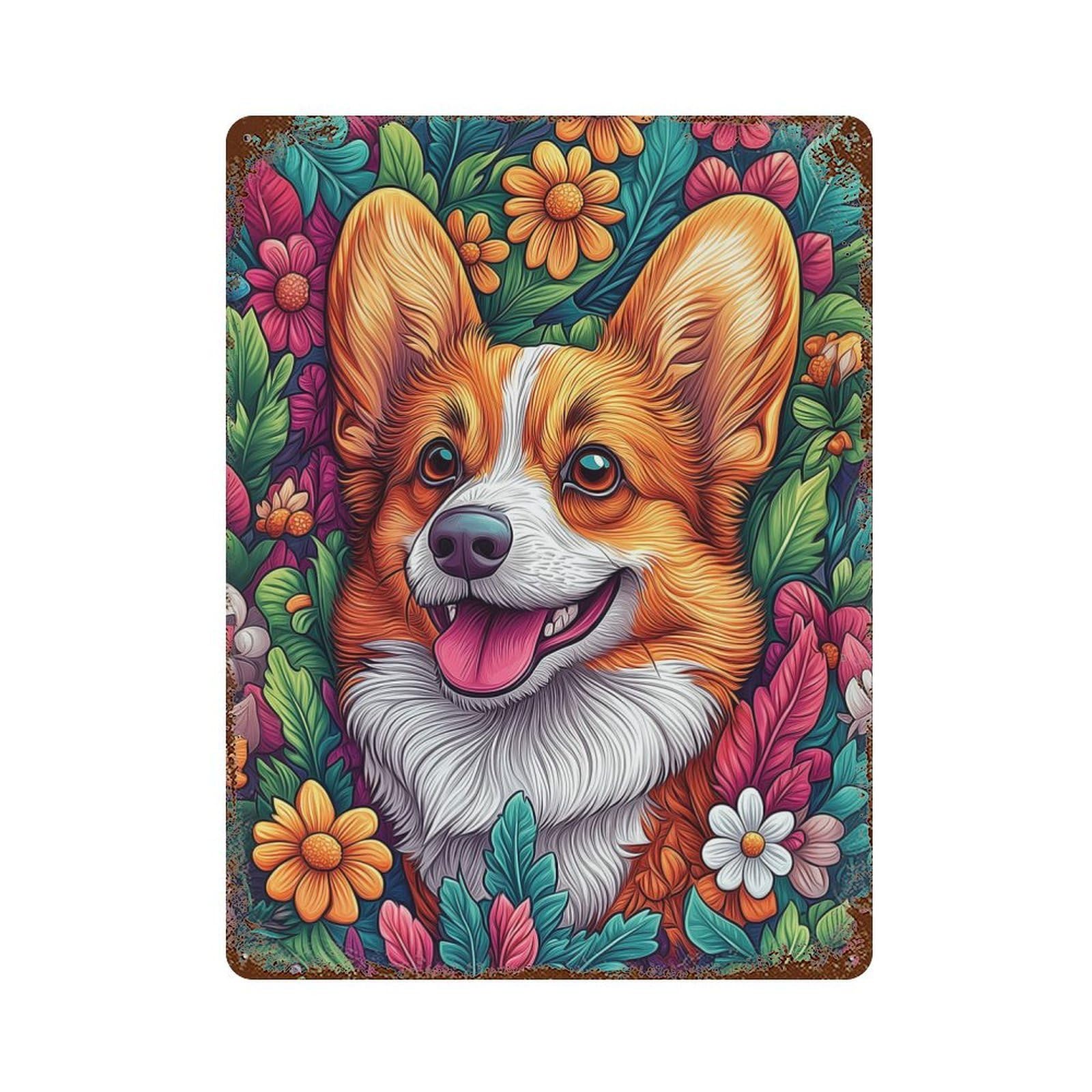 Rusty Metal Tin Sign with Welsh Corgi in Flowers Design 15.7"x11.8", for Shed, Workshop And Garage Wall Decor, Classic Wall Plaque