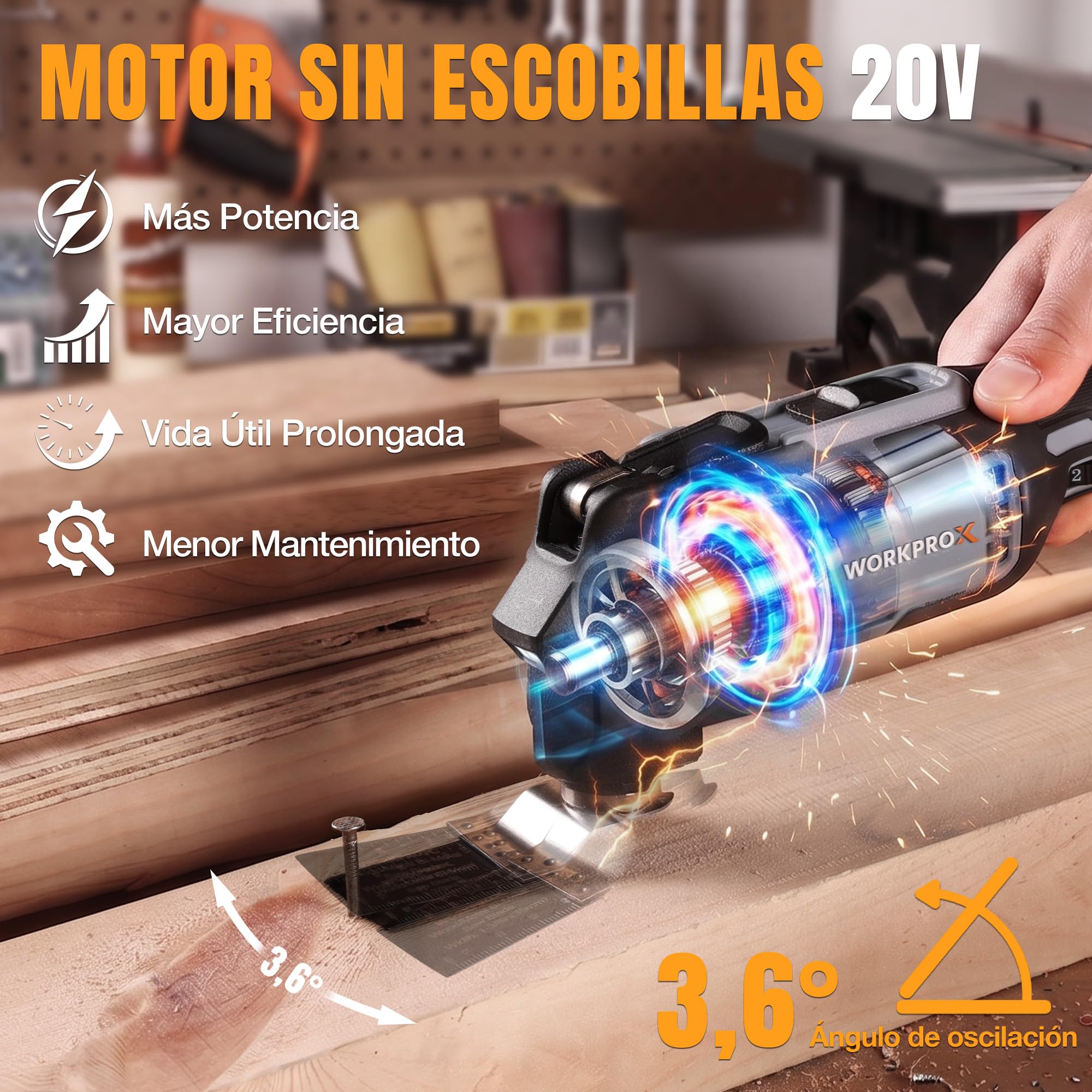 WORKPROX Multiherramienta Oscilante a Batería 20V con Motor Sin Escobillas | 6 Velocidades, Oscilación de 3,6°, Batería Incluida, 22 Accesorios y Bolsa, para Cortar, Raspar y Lijar