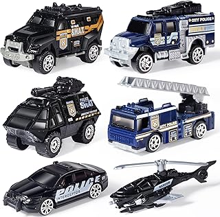 Oriate 6 Pack 1/64 Die-cast SWAT Police Cake Topper Kids Cars Boy Toys Set, Mini Cop Toy Car, Helicopter, Rescue Truck, Military Vehicles Toys, Birthday Gift for 3-5 Year Old Boys Girls