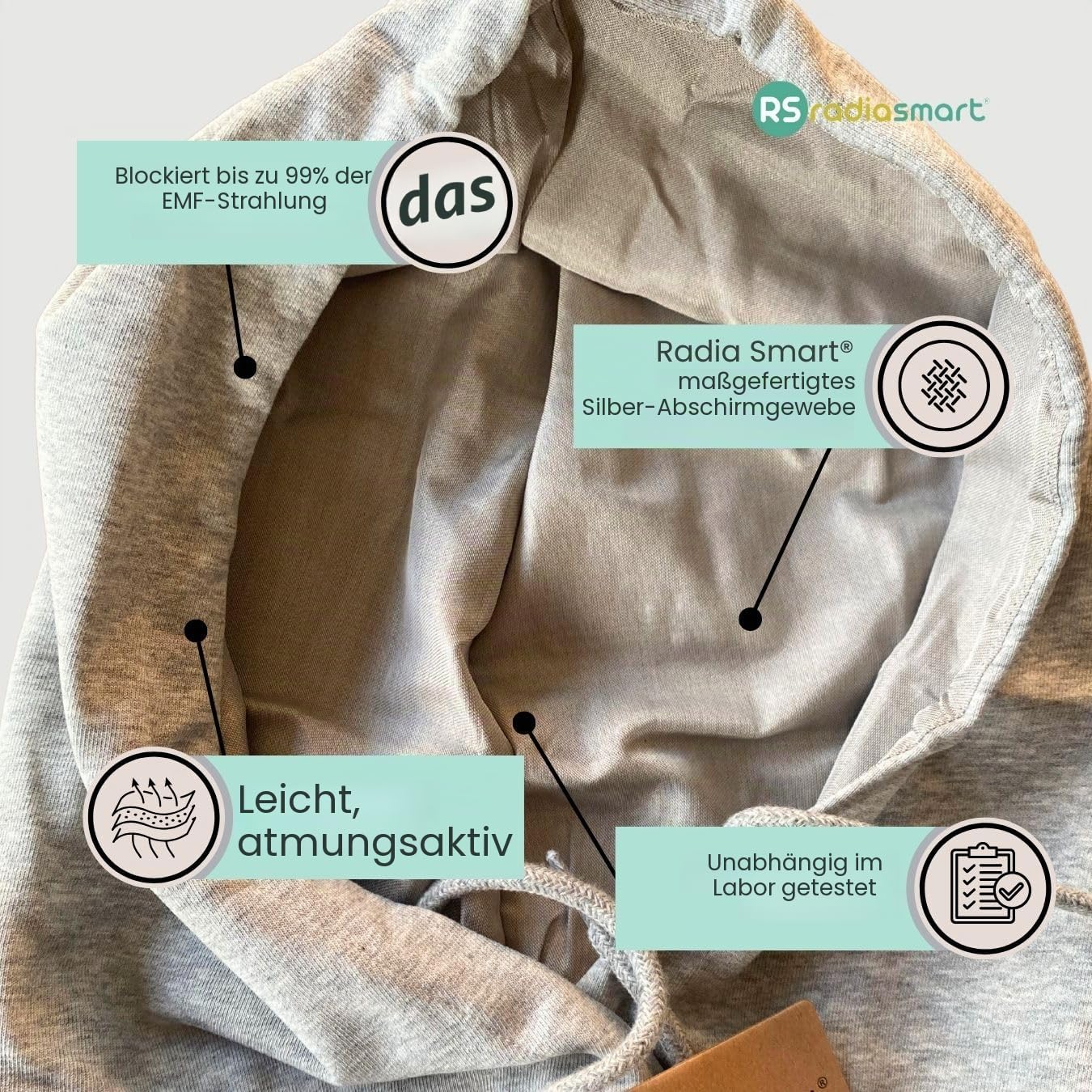 Radia Smart® EMF Hood Mütze 5G Blocker RF Abschirmung WiFi Strahlungsschutz Brain Coat Grau