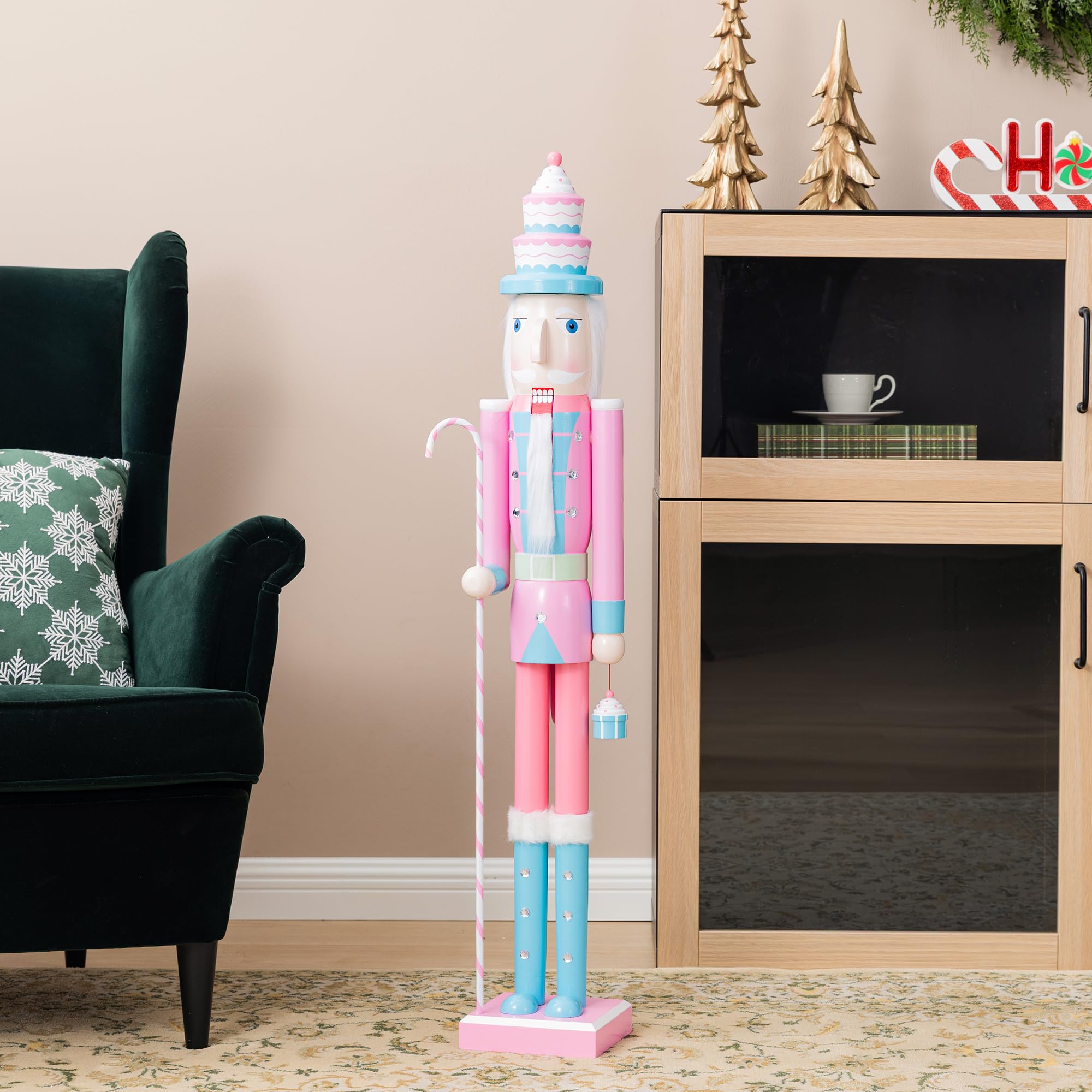 Glitzhome 42" H Wooden Christmas Nutcracker Ornaments Pink Cupcake Nutcracker Figurine Christmas Table Decor Traditional Christmas Decor for Tables Desktop Porch Holiday Festive