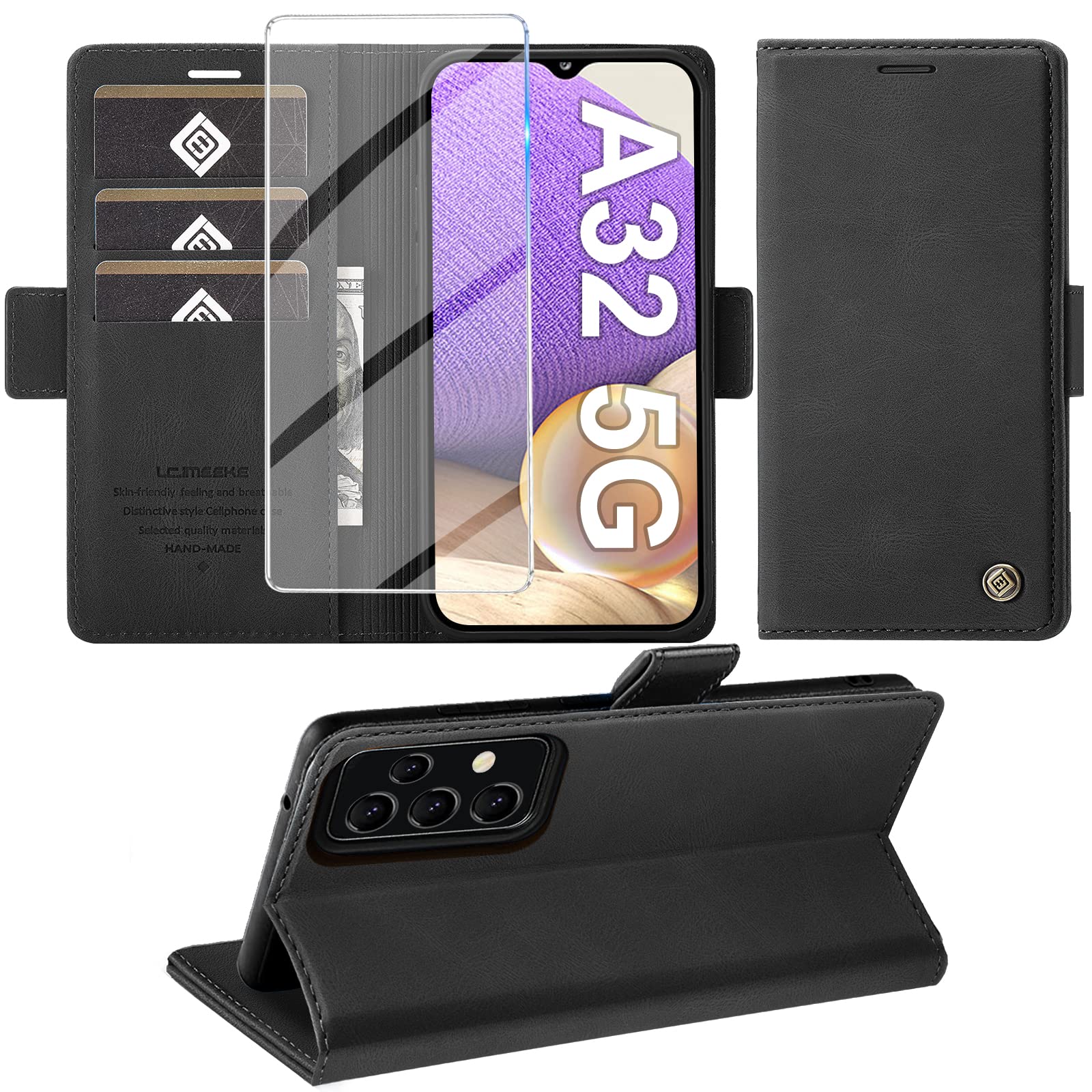Giyer Handyhülle für Samsung Galaxy A32 5G Hülle mit Schutzfolie, Standfunktion Kartenfach Wallet Premium Leder Schutzhülle A32 5G Flip Case Cover Stoßfeste Klapphülle Galaxy A32 5G 6.5 Zoll (Schwarz)