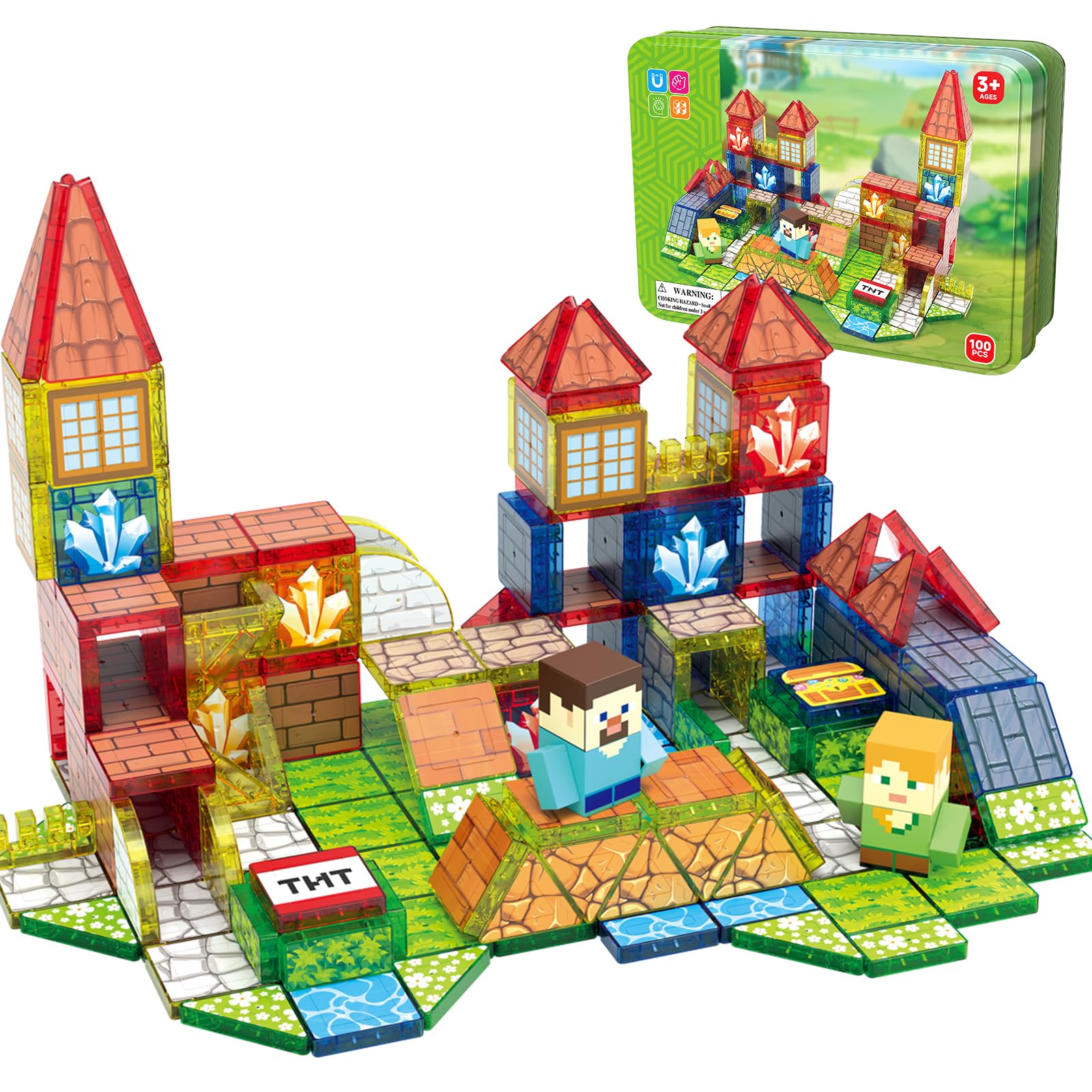 100 PCS Mini Magnetic Tiles Travel Toys Set, Magnetic Blocks with Iron Case