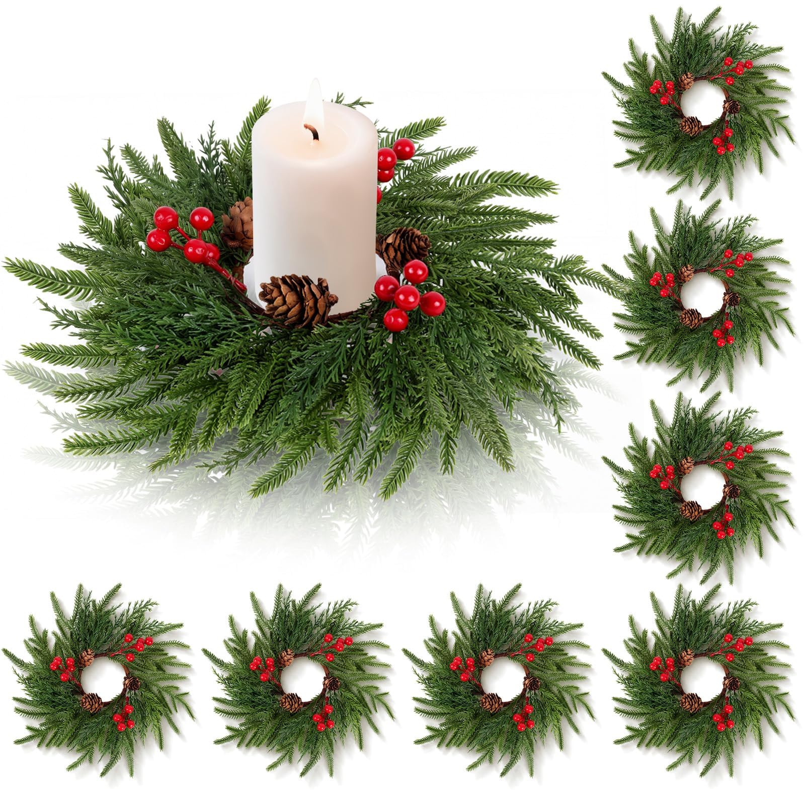 8 Pack Small Christmas Wreath Candle Rings Artificial Pine Branches with Pinecones Red Berries Fake Foliage Pine Needles Picks Candle Rings Holder for Table Centerpiece Home Door Window Chair Wall