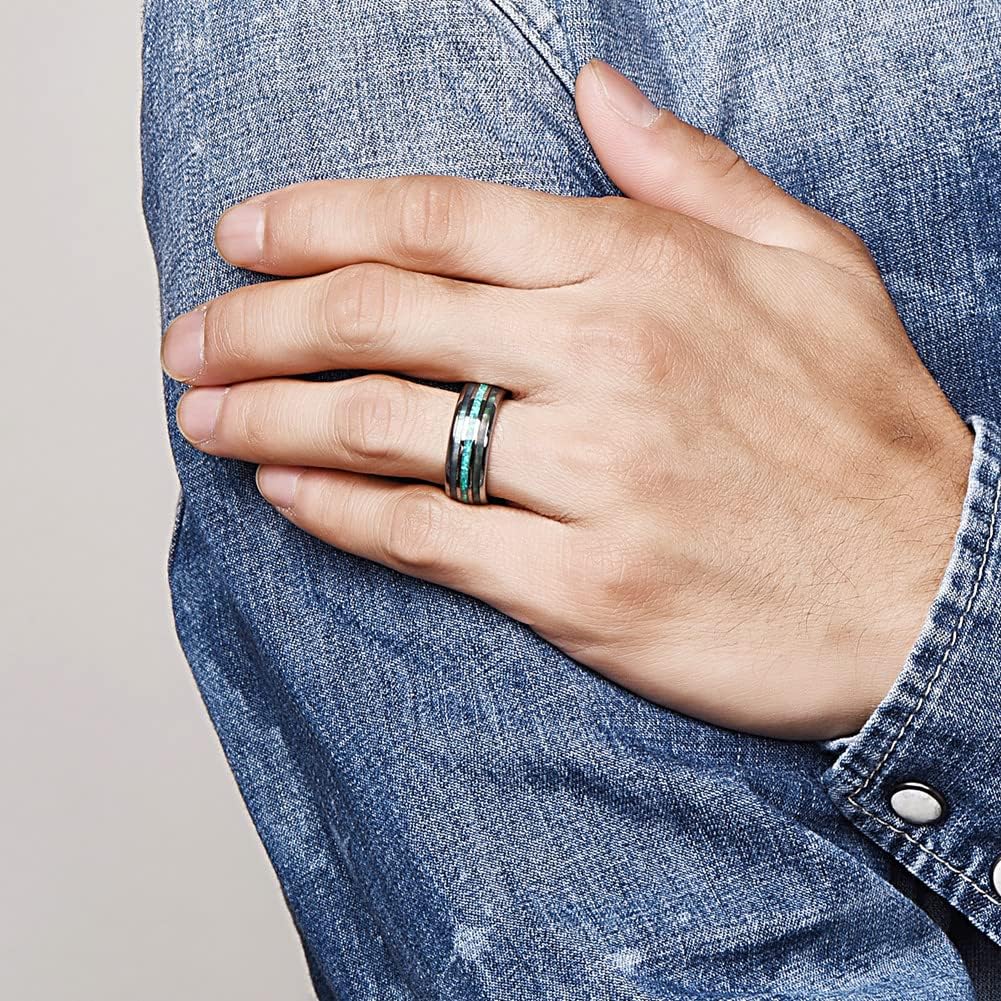NUNCAD Mens Tungsten Ring Wedding Band 8mm Real Blue/Green Opal and Abalone Shell Tungsten Engagement Ring Comfort Fit Size 7-12 - Image 5