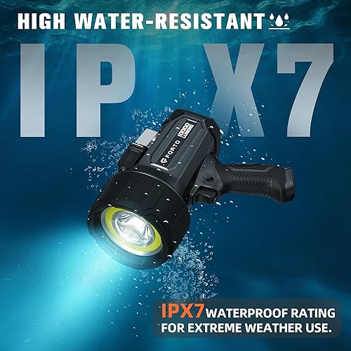 Miniatura 4 de FORTO Foco recargable de 10000 lúmenes ultra brillante IPX7 linterna impermeable, foco de barco con estuche de transporte EVA, 7 modos de luz,