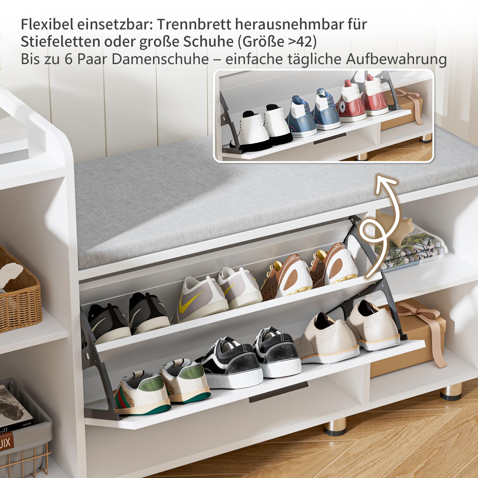 BonVache Schuhbank mit Sitzfläche, Klappfach mit Verstellbarer Trennwand, Höhenverstellbar, Schuhschrank mit Stauraumtüren und 3 Offener Lagerplatz, Schuhregal für Flur, 105 x 34 x 67cm, Weiß