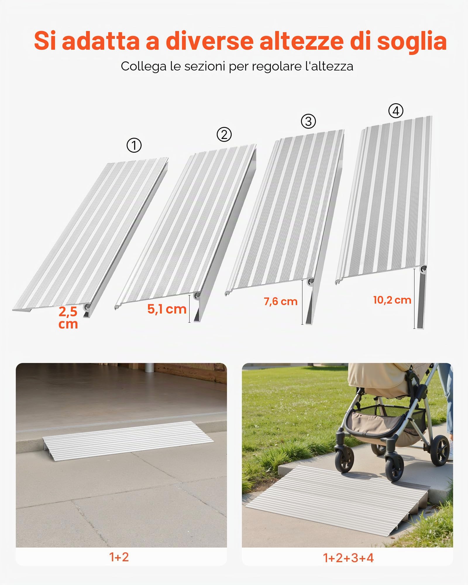 VEVOR Rampa per Soglia Porta Rampa per Soglia Modulare Regolabile Rampa Carico 5,45 kg per Soglia in Lega di Alluminio, Rampe per Disabili per Gradini Domestici per Scooter Sedie Elettriche