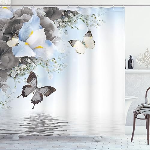 Ambesonne Cortina de ducha floral, diseño de flores silvestres monarca voladoras lirio en lago Therapy Spa, juego de decoración de baño de tela con
