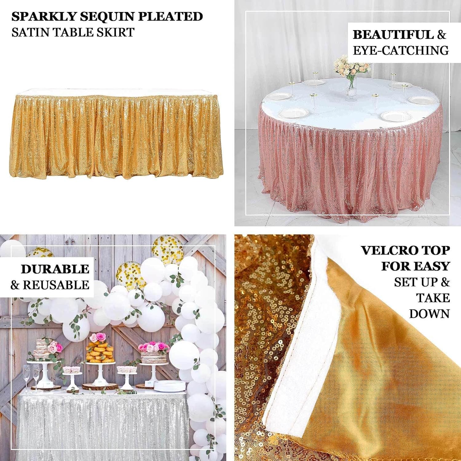Efavormart 17ft Sparkly Silver Sequin Pleated Satin Table Skirt with Top Strip