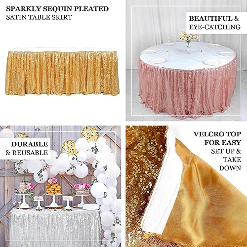 Miniatura 3 de Efavormart - Falda de mesa plisada de satén con lentejuelas doradas brillantes de 17 pies con tira superior