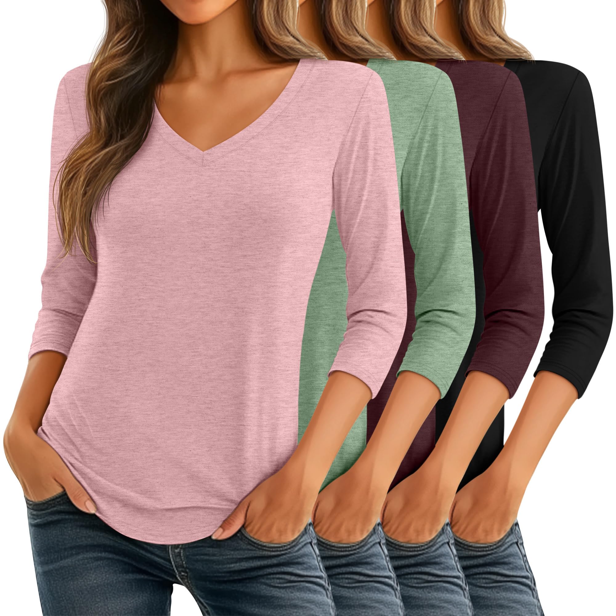 Ficerd 4 Pack Women's 3/4 Sleeve T Shirts, V Neck Casual Tunic Tops Loose Fit Cotton Shirts Solid Color Summer Tees