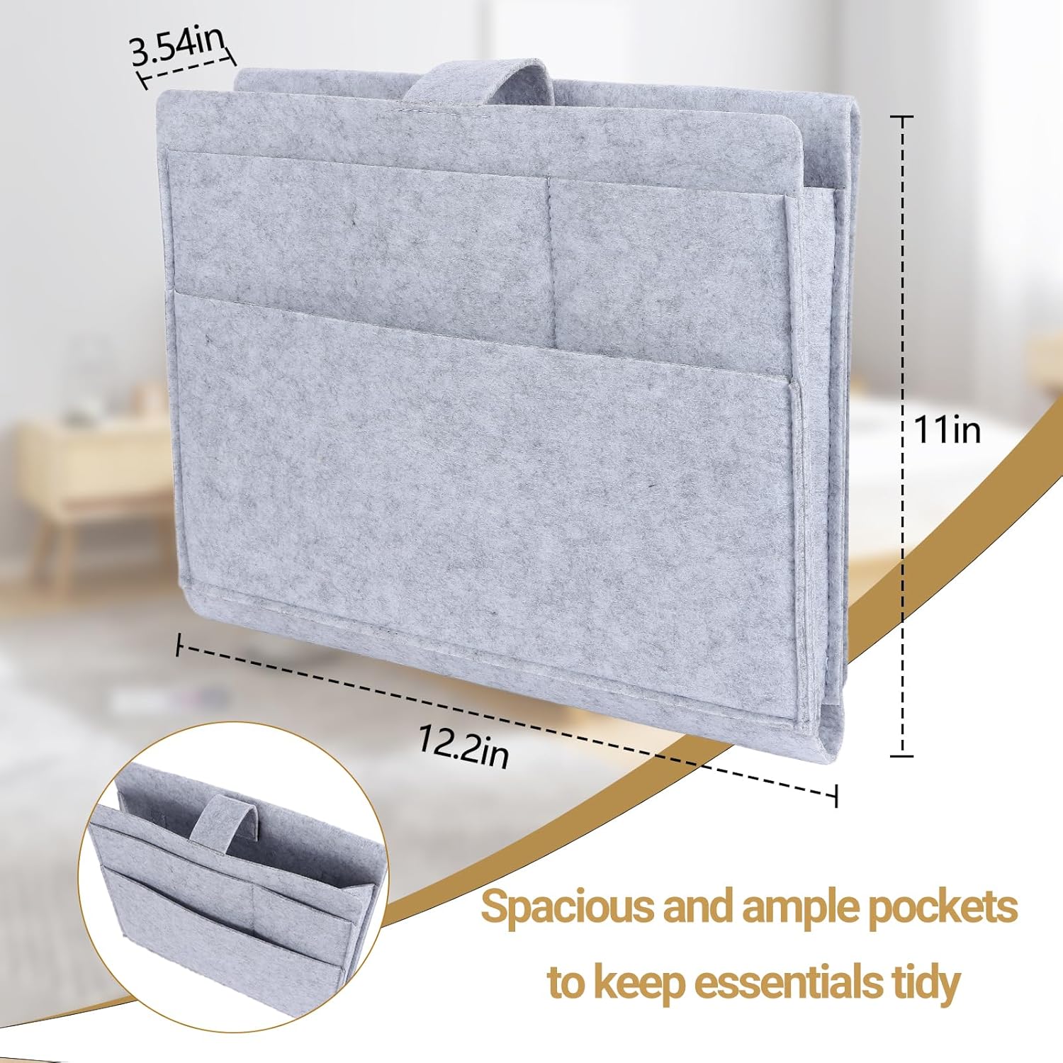 Seefoo Bed Caddy Organizer, Bunk Bed Shelf Caddy with 4 Pockets, Easy Storage as Books, Remotes, Magazine Holder, Sturdy Bedside Organizer for Bed, Bunk, Dorm, Sofa Grey - Image 3