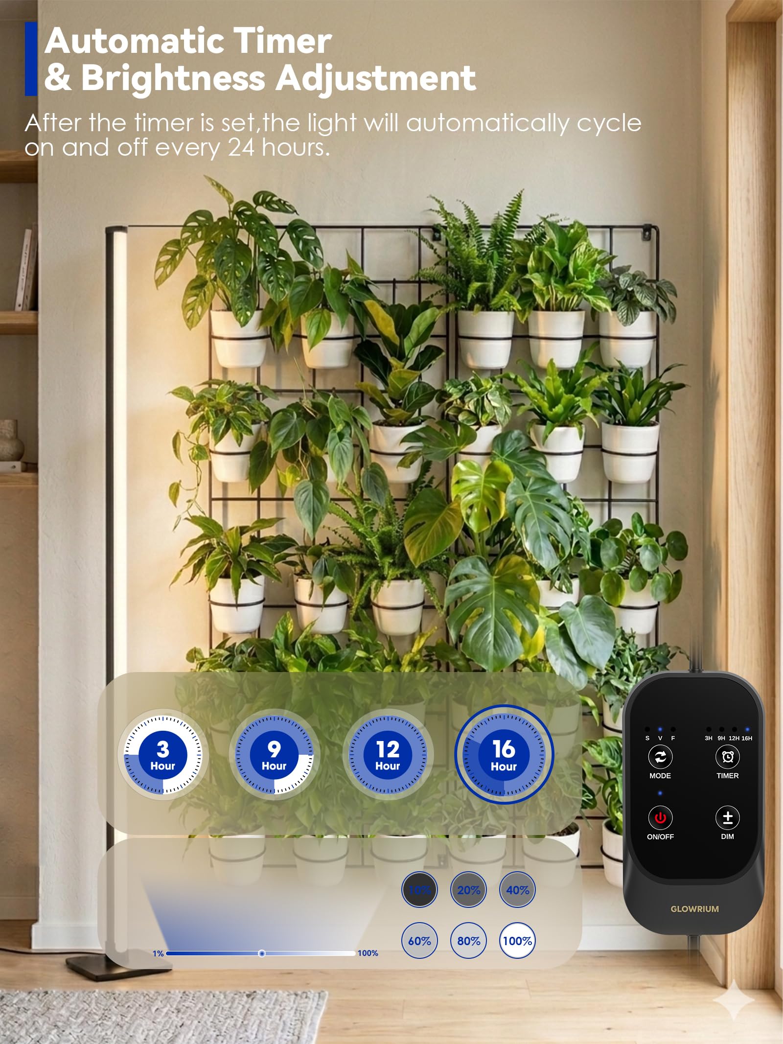 GLOWRIUM Stehendes Wachstumslicht mit Auto-Timer, 36 W vertikale Wachstumslichter für Zimmerpflanzen, 3 Lichtmodi, 268 LEDs.