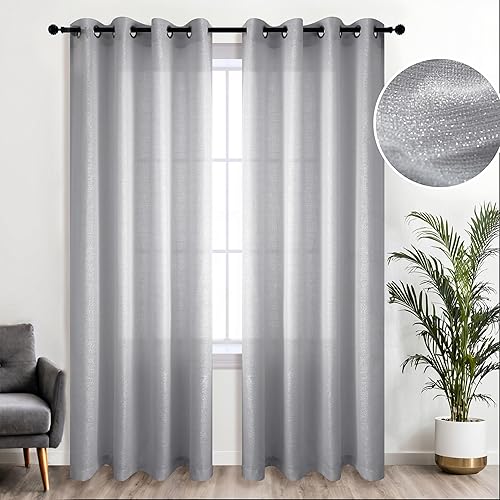 KOUFALL Silver Curtains for Living Room Decor,Elegant Sheer Sparkle Glitter Curtains for Bedroom,Light Grey,84 Inches Long