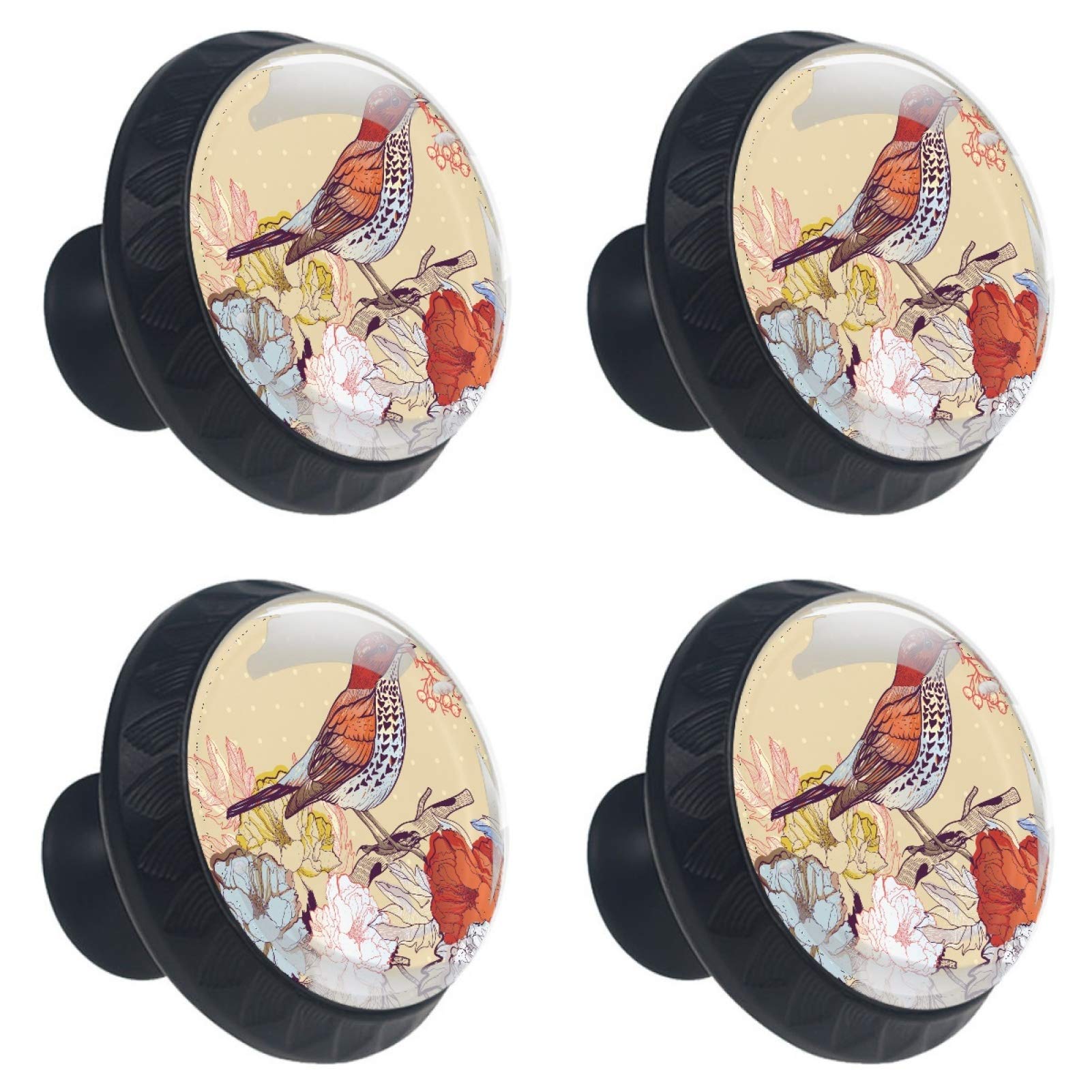 Boutons ronds en verre vintage fleurs oiseaux poignée meuble rétro 30mm