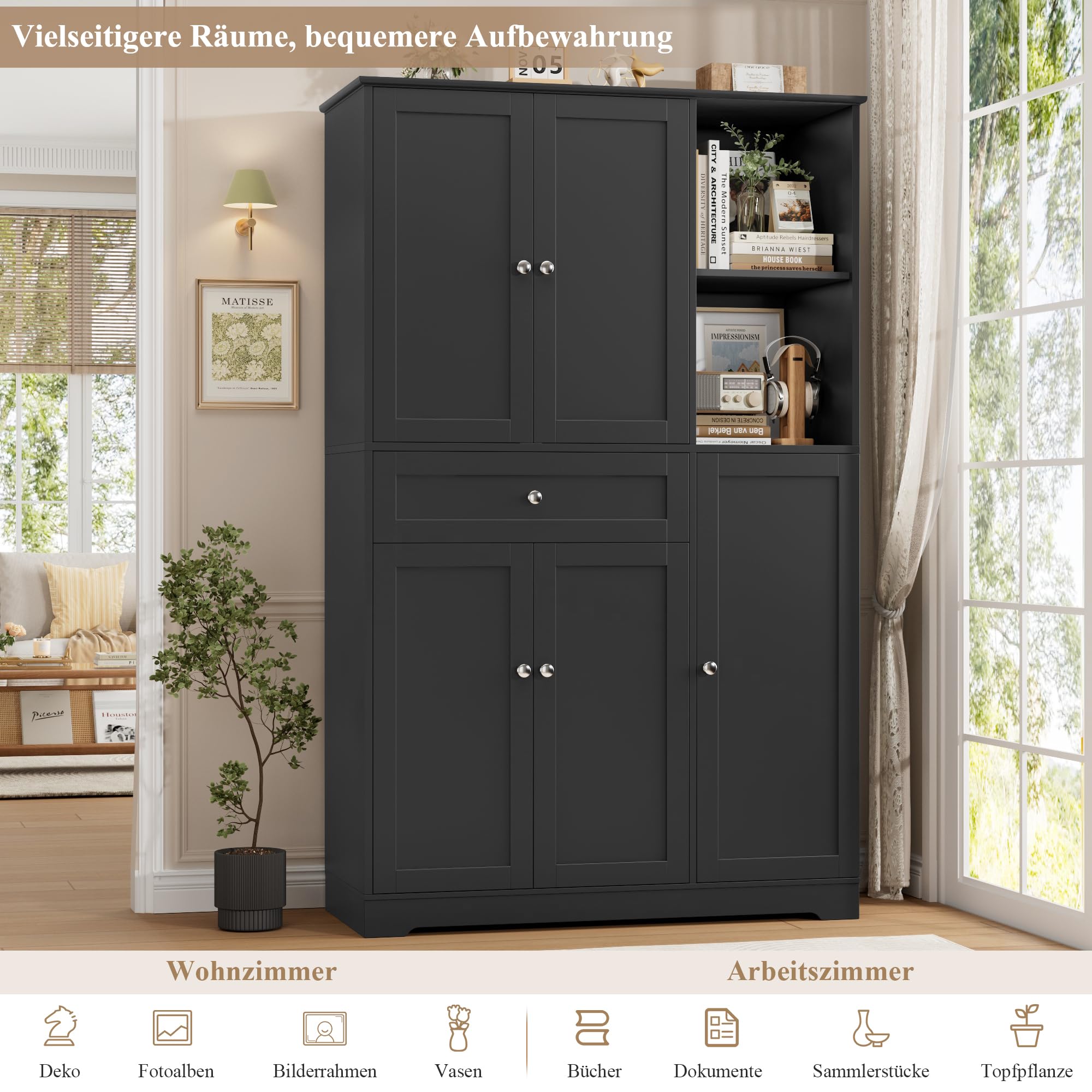 FirFurd Küchenschrank mit Gewürzregal Mehrzweckschrank Vorratsschrank Buffetschrank mit 5 Türen und 1 Schublade Küchenmöbel Hochschrank für Küche Wohnzimmer Flur 173x104x40cm schwarz