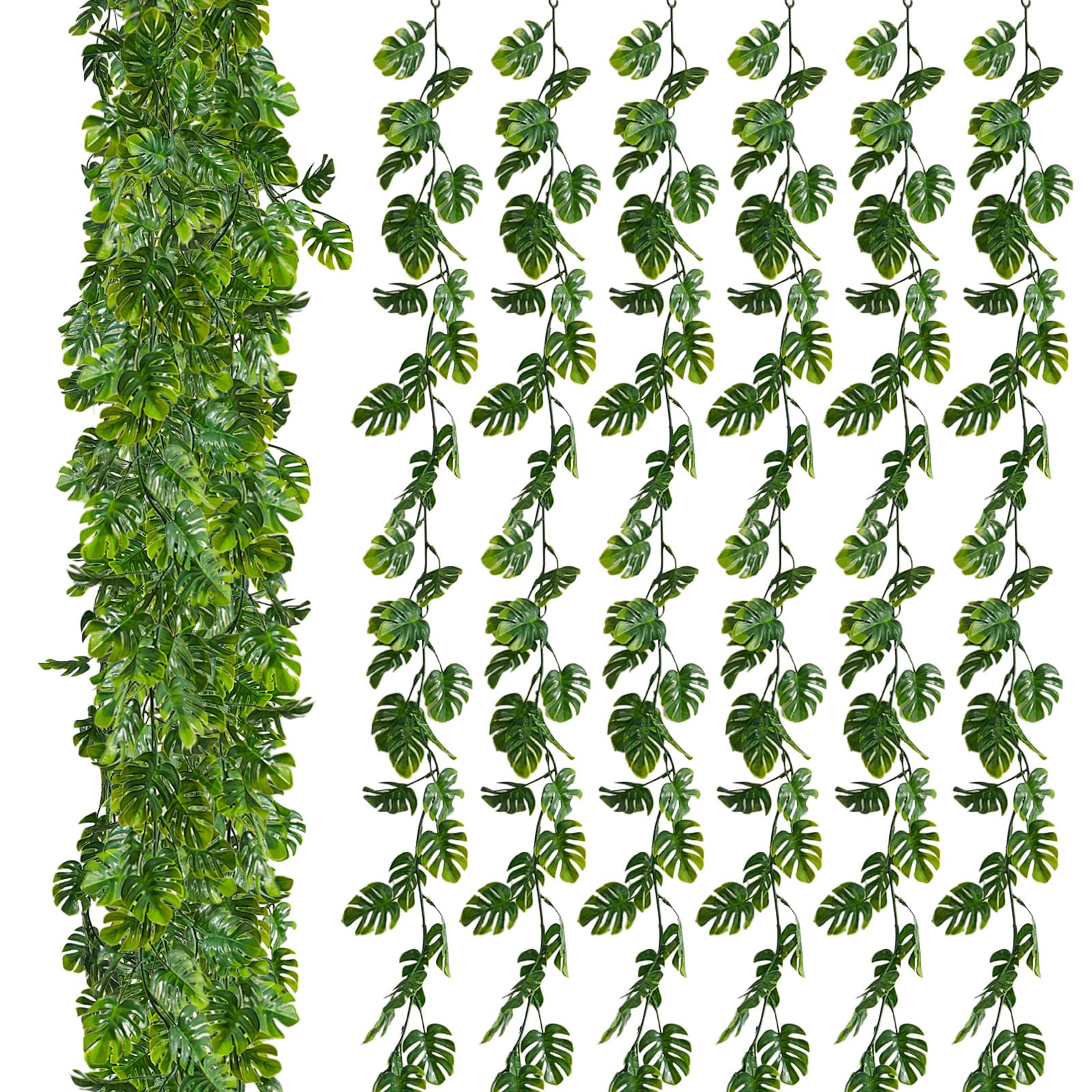Photo 1 of Zeyune 12 Pcs Artificial Monstera Leaf Vines 5.9 ft Fake Hanging Plant Ivy Tropical Palm Leaves Greenery Garland Monstera Faux Vine for Wedding Party Outdoor Decor Garden Porch Jungle Hawaiian Beach