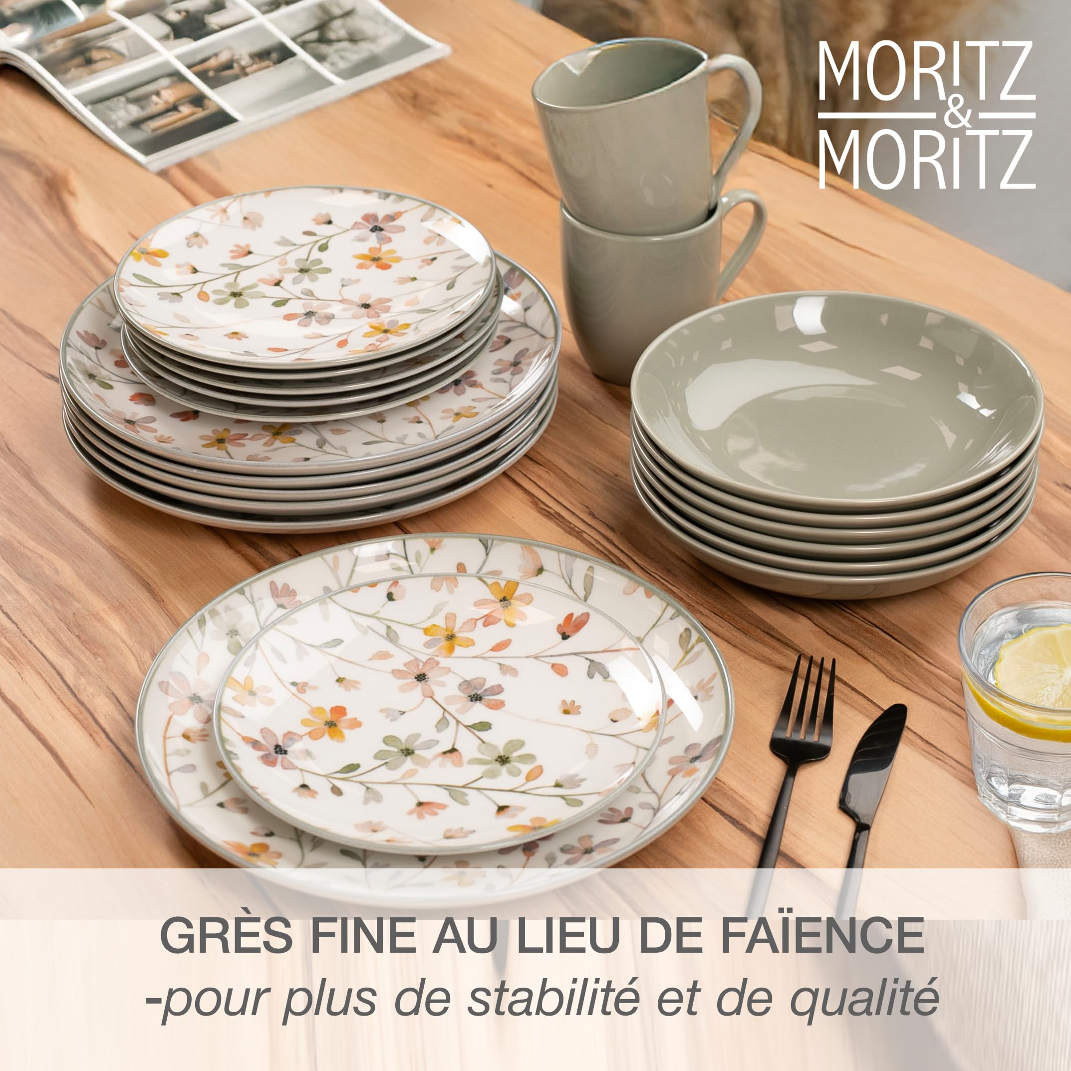 Moritz & Moritz PRIMAVERA Vaisselle en Grès 6 Personnes 24 Pièces - Service de Table Moderne avec Design Ludique, Service à Café Facile à Entretenir avec Ensemble d’Assiettes, Bols & Tasses - Service