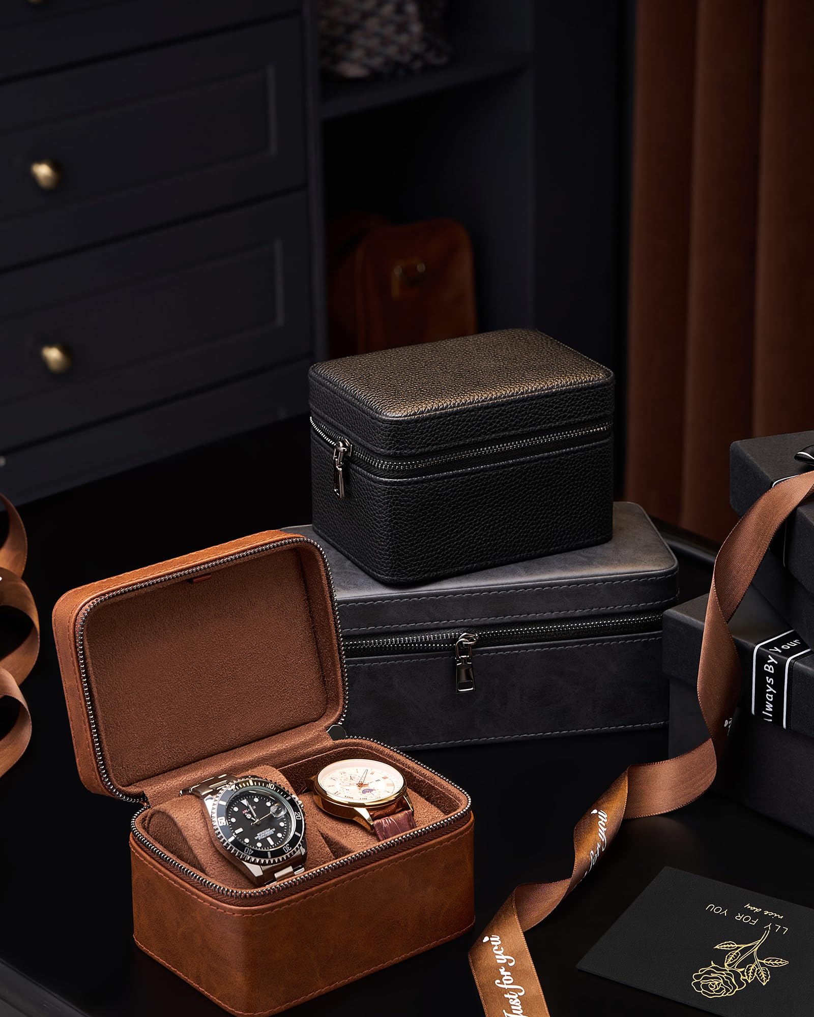 ProCase Scatola Porta Orologi Uomo 3 Posti, porta Orologi da Viaggio in pelle PU, Custodia da Viaggio per Orologi e Anelli, Ideale per Regalo -Nero