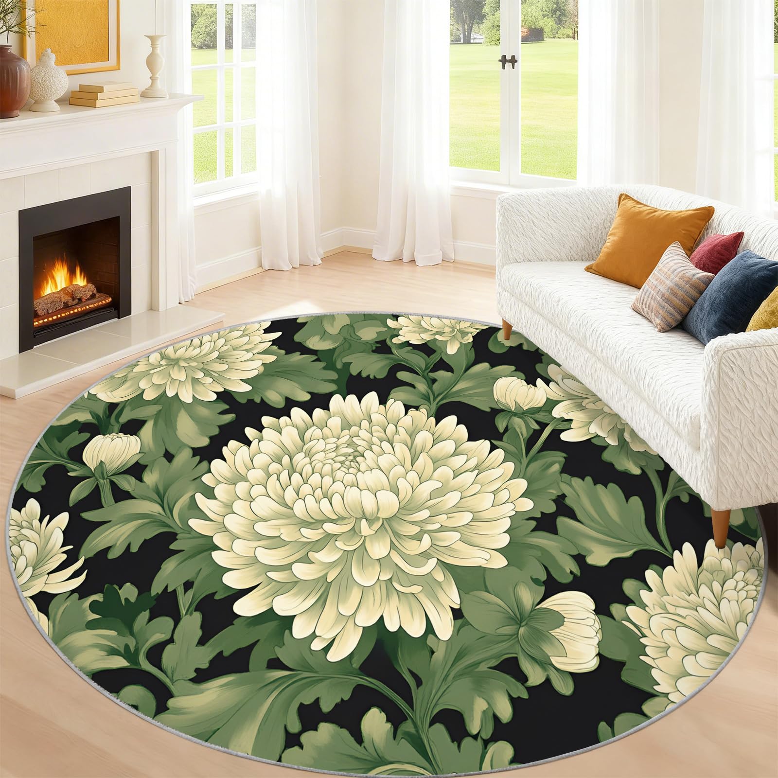 Tapis rond motif chrysanthème sauge, 2 m, crème