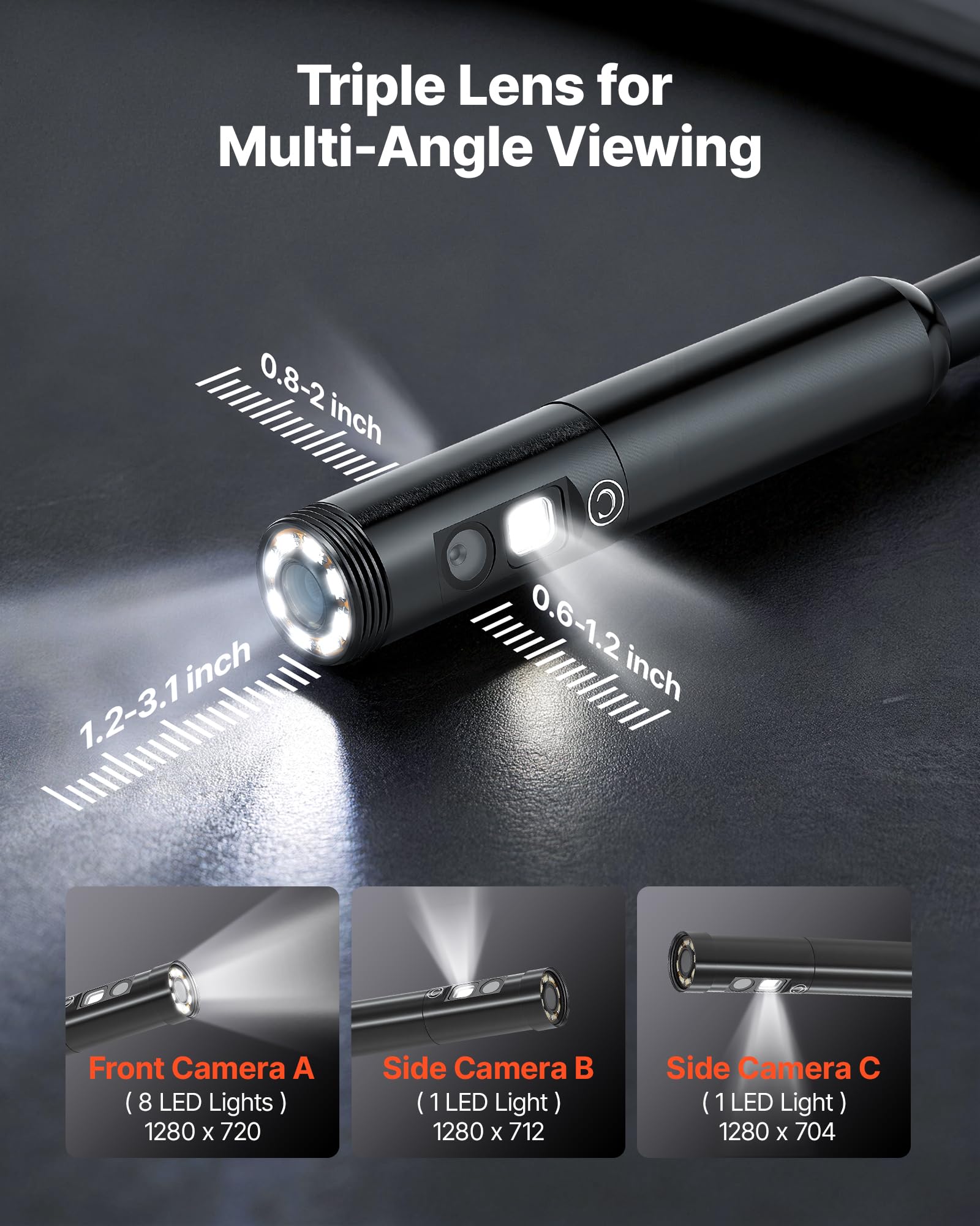 VEVOR Triple Lens Endoskopkamera mit 4,5 Zoll Bildschirm, 3000mAh Akku Inspektionskamera mit 5m Kabel 8X Zoom 180° Bildrotation IP67 Wasserdicht, 8mm Industrie Endoskop mit LED für Auto Rohre Abfluss