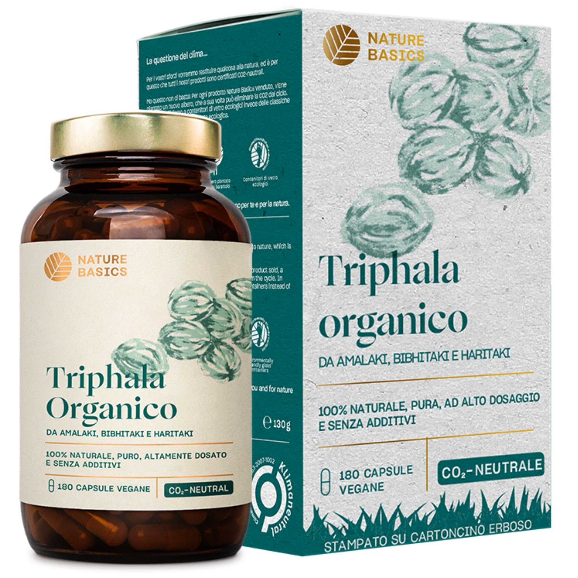 Nature Basics® BIO Triphala capsule certificate e in barattolo | Triphala ayurvedica altamente dosata con 1.500 mg per dose giornaliera | 180 capsule testate in laboratorio e provenienti da DE