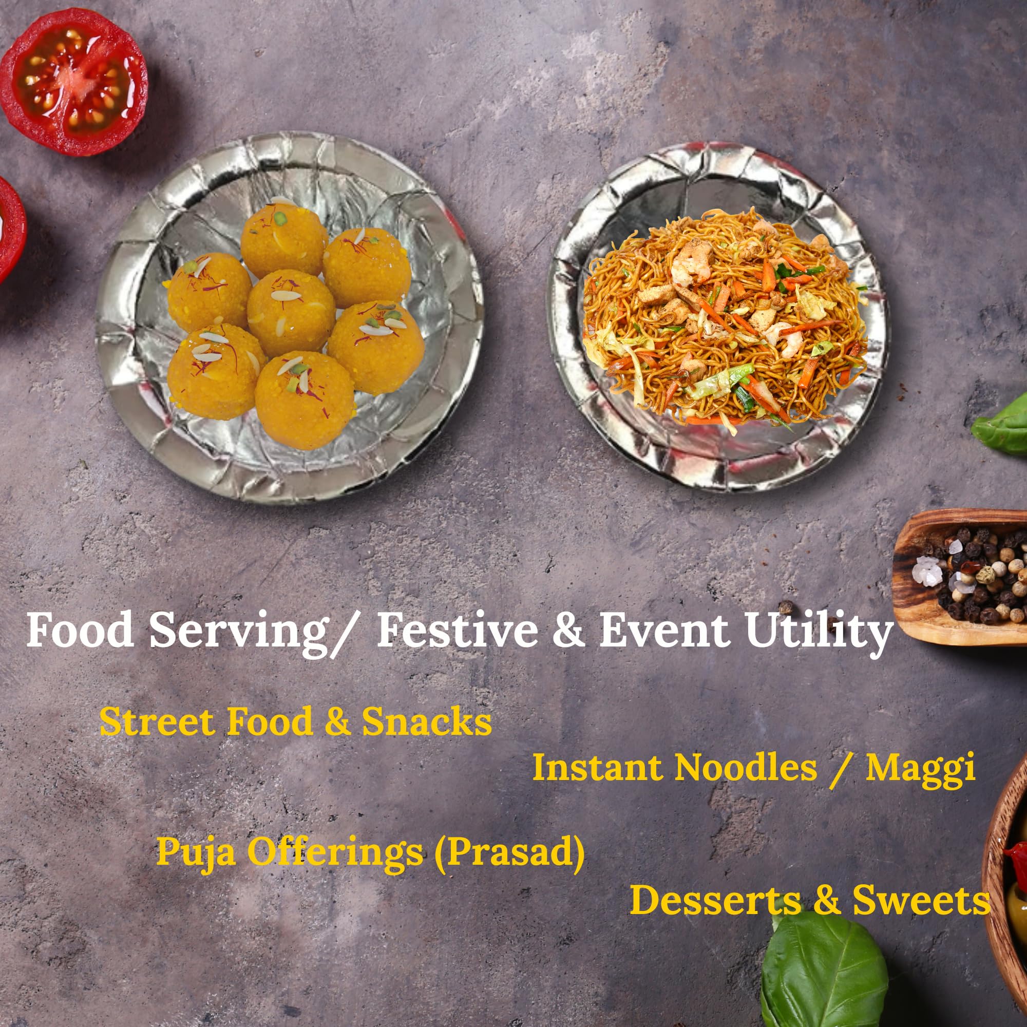 JooGTooK Disposable Silver Paper Dona | Eco-Friendly Leaf Bowls with Silver Foil | Biodegradable & Leak-Proof | Ideal for Snacks, Sweets & Prasad Wedding, Function (Pack Of 200, 6 Inch) 3