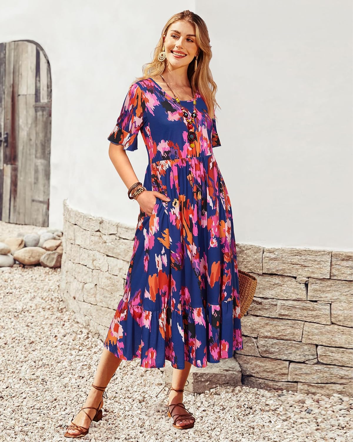 STYLEWORD Women's Summer 2026 Casual Short Sleeve Tiered Flowy Spring Dress Long Midi Beach Sundress Vacation Outfits - Image 2