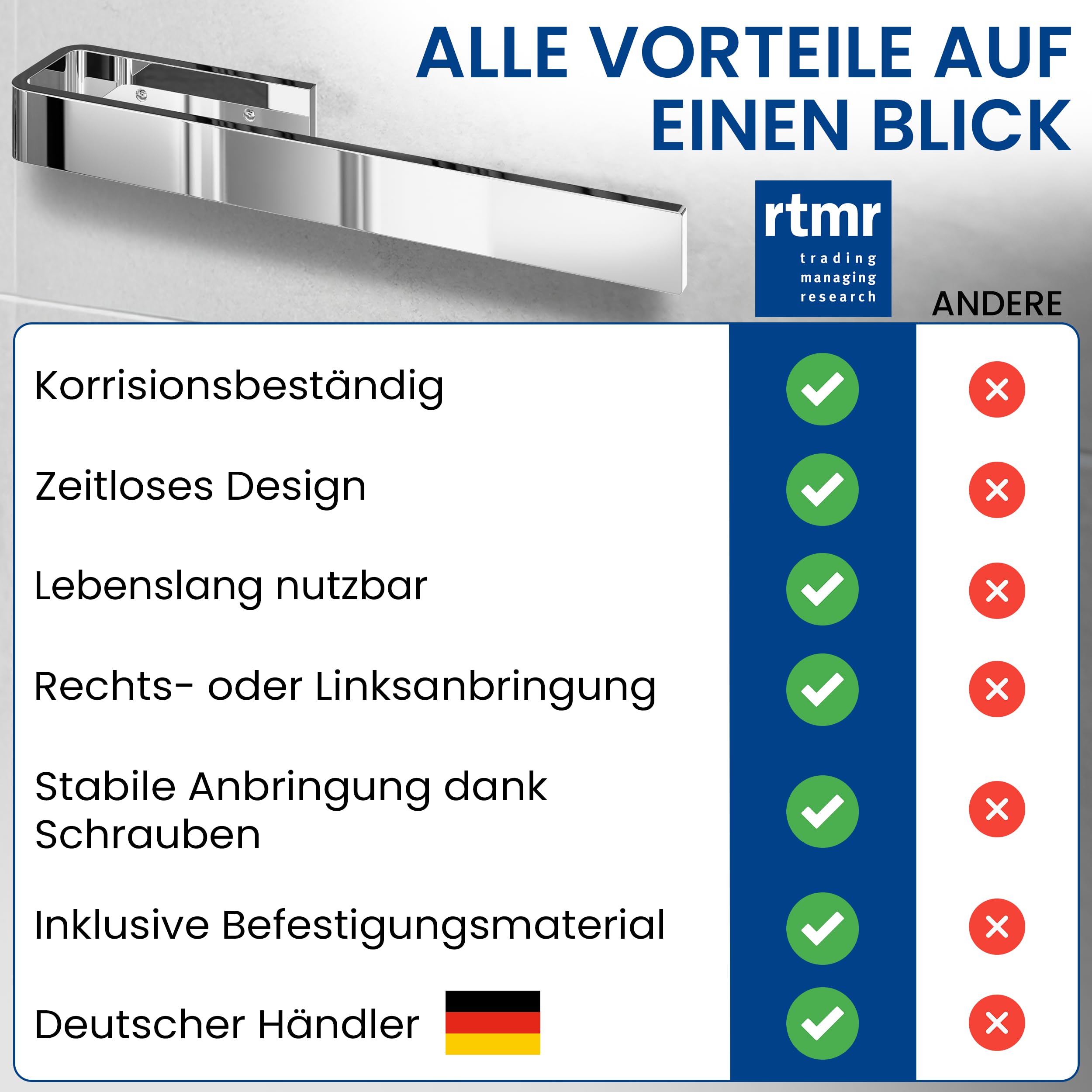 rtmr Handtuchhalter Schrankmontage, zum Bohren, Chrom, Premium Gästehandtuchhalter aus Aluminium, 38 cm, Handtuchstange, platzsparend, Ideal für Bad & Gäste-WC
