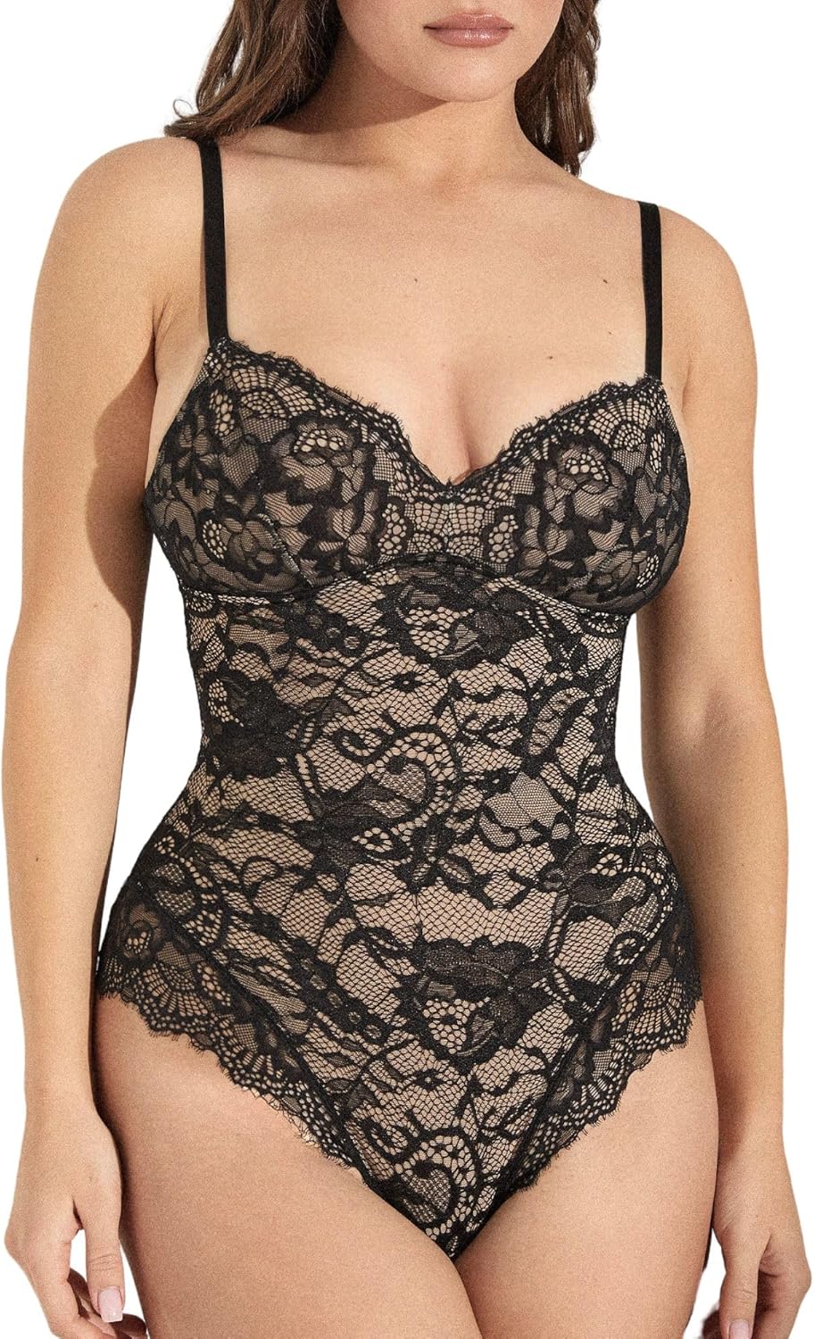 Pinsy Shapewear Shaping Lace Bodysuit with Tummy Control, Compression, Built-in Bra