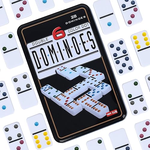 Miniatura 4 de GOTHINK Juego de dominó doble de 6 para adultos con caja de hojalata – 28 juegos de dominó de colores de azulejos para regalo de noche familiar,