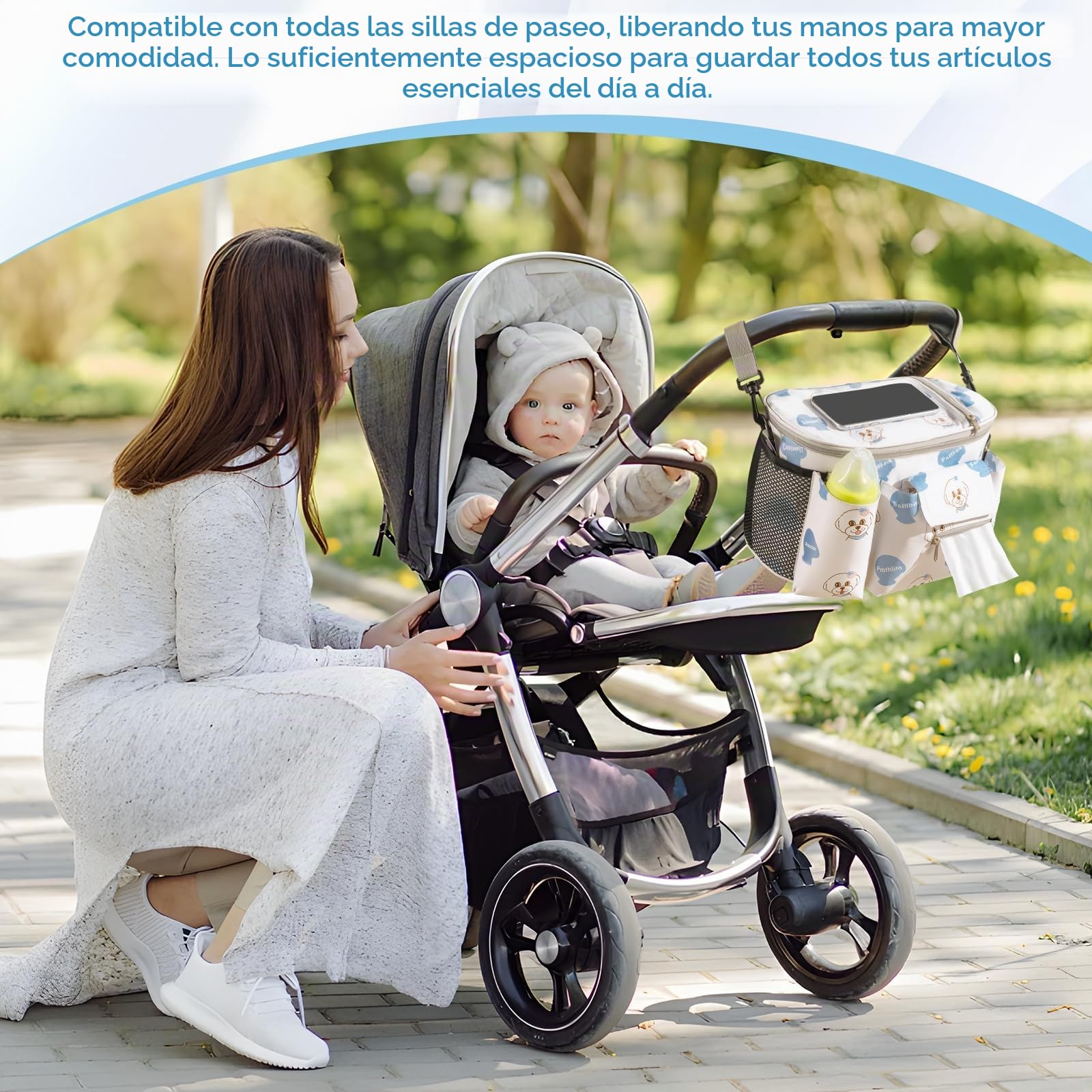 Bolso Carro Bebe, Bolso Organizador Carrito Bebe, Bolso para Carro Bebe con Portavasos y Bolsillo para Pañuelos, Bolso Carro Bebé Universal con Cierre de Cremallera y Correa Ajustable para el Hombro
