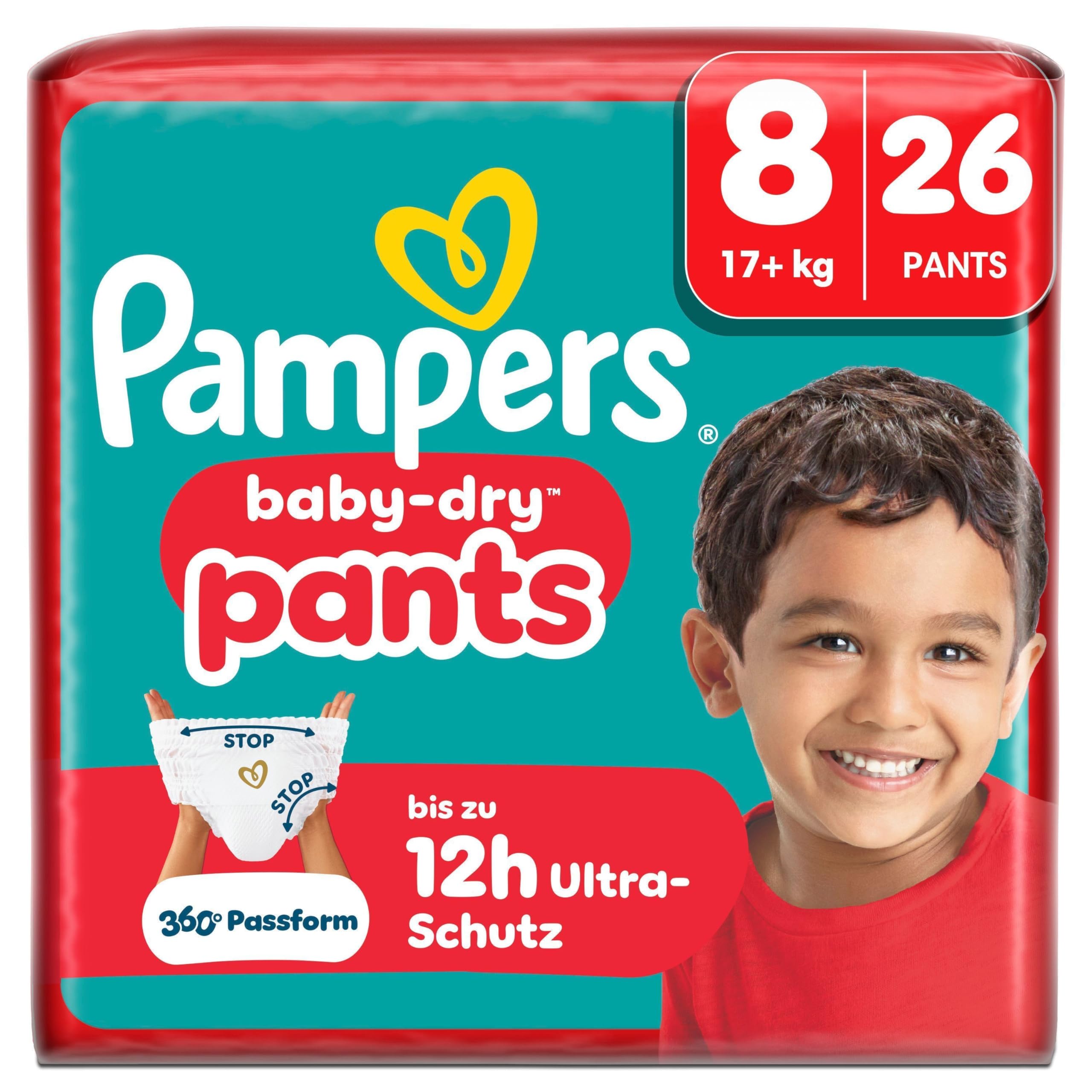 Pampers Baby-Dry Pants Größe 8, 26 Stück, 17kg+, 360° auslaufsichere Passform für Tag und Nacht